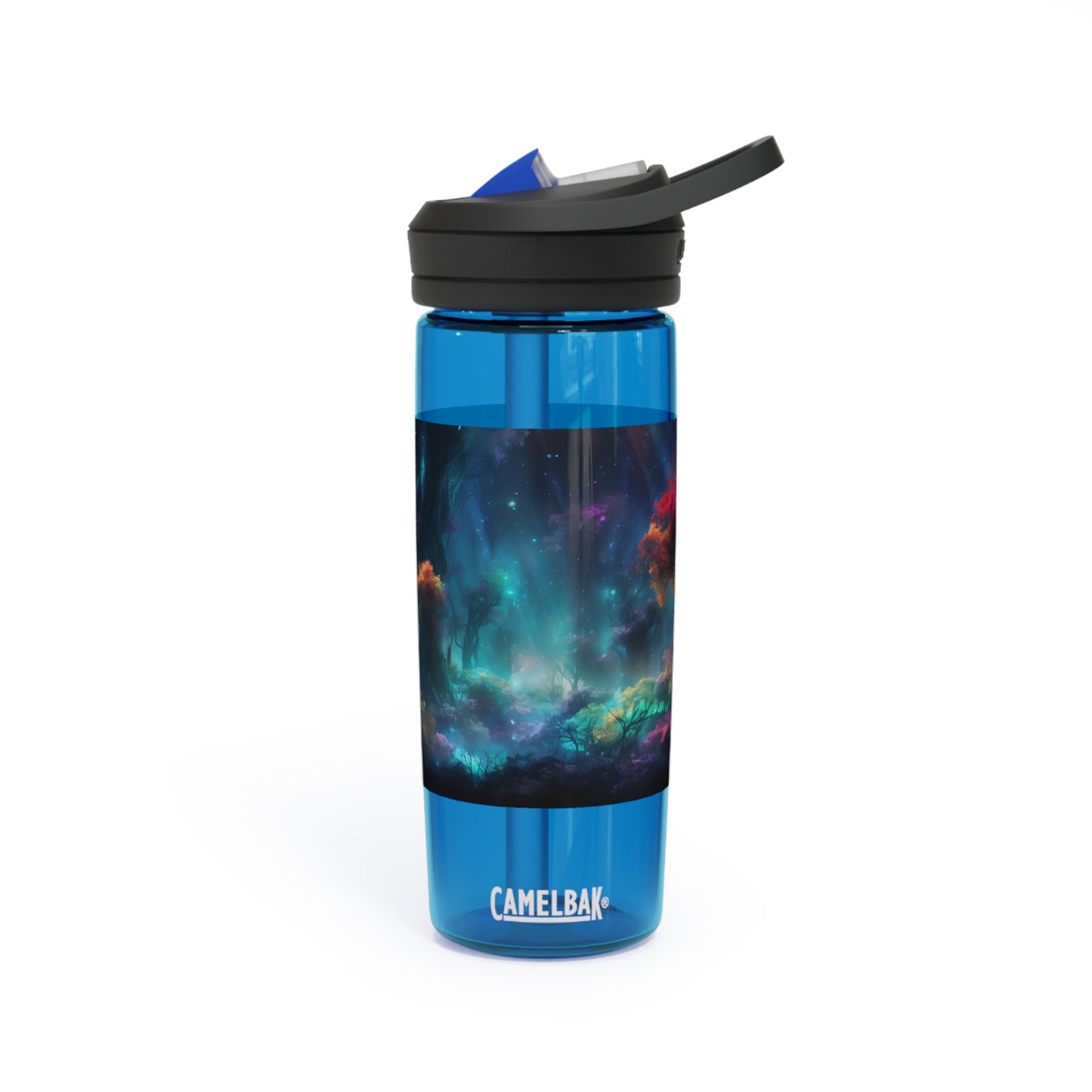 Panoramic digital art of an alien planet's mesmerizing bioluminescent forest, the towering trees adorned with glowing foliage in vivid shades of blue - CamelBak Eddy®  Water Bottle, 20oz\25oz