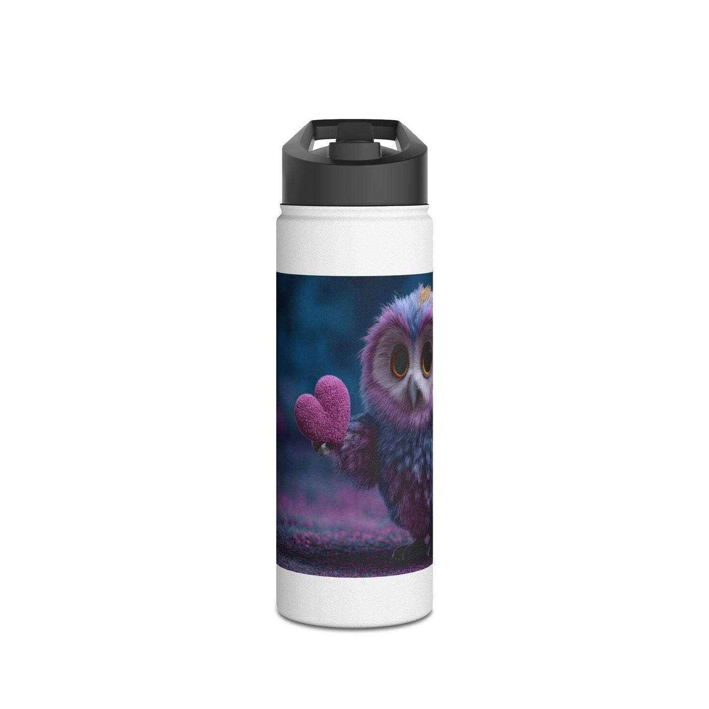 Purple Owl with Velvet Heart Stainless Steel Water Bottle, Standard Lid – Midnight Whimsy Companion