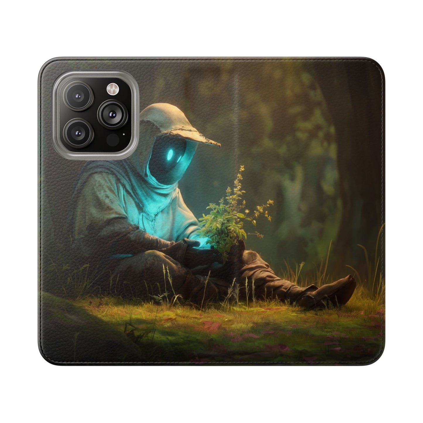 Glowing Orb Hooded Guardian Flip Cases – Bioluminescent Forest Keeper