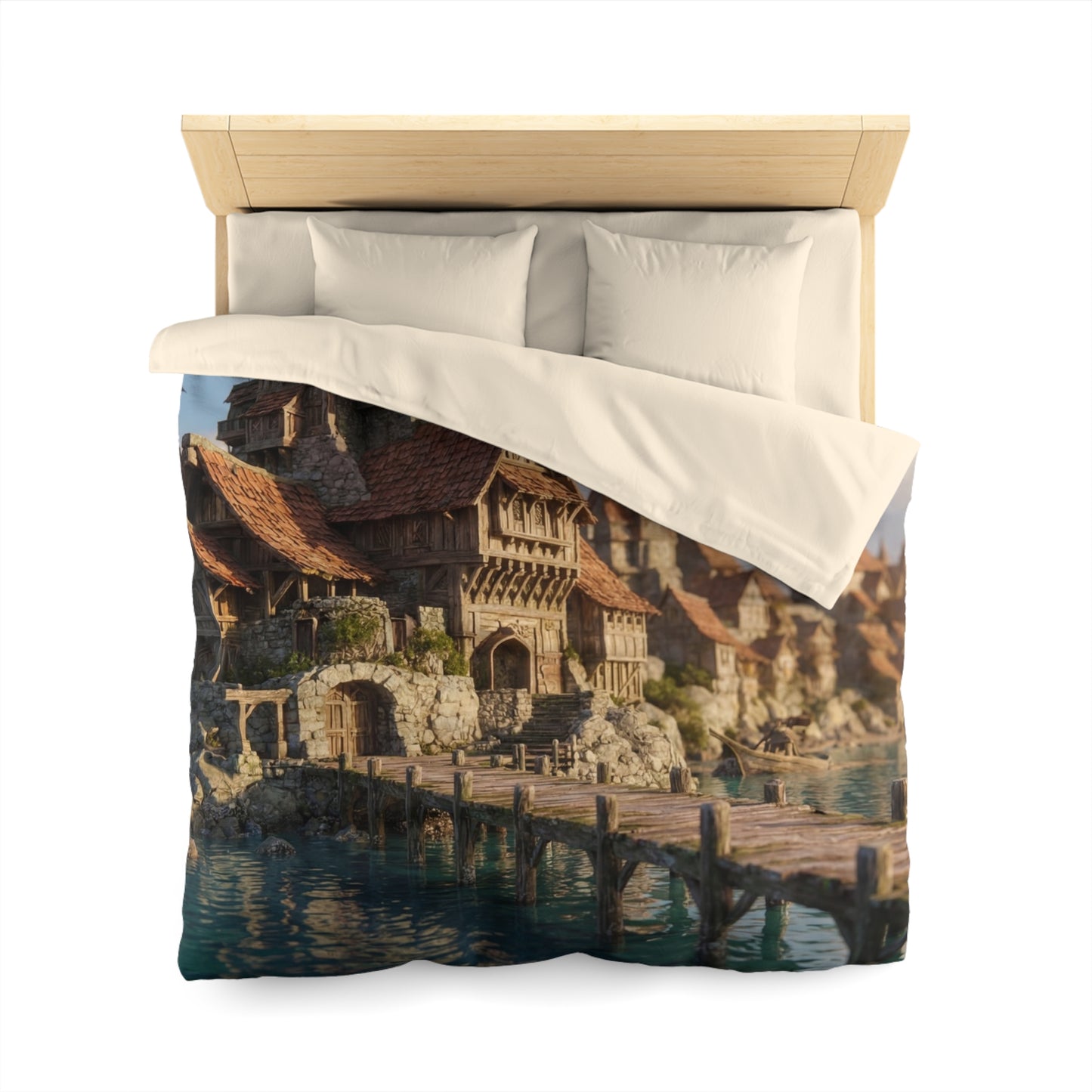 Seafarer’s Haven Microfiber Duvet Cover – Sunlit Harbor Dreamscape