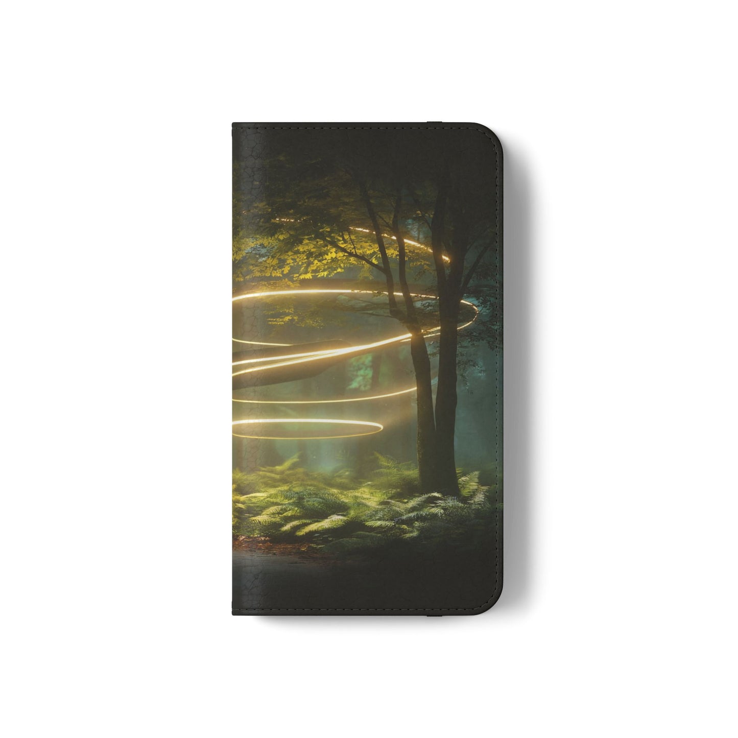 Luminous Spiral Forest Flip Cases – Golden Light Rings Mystery Scene