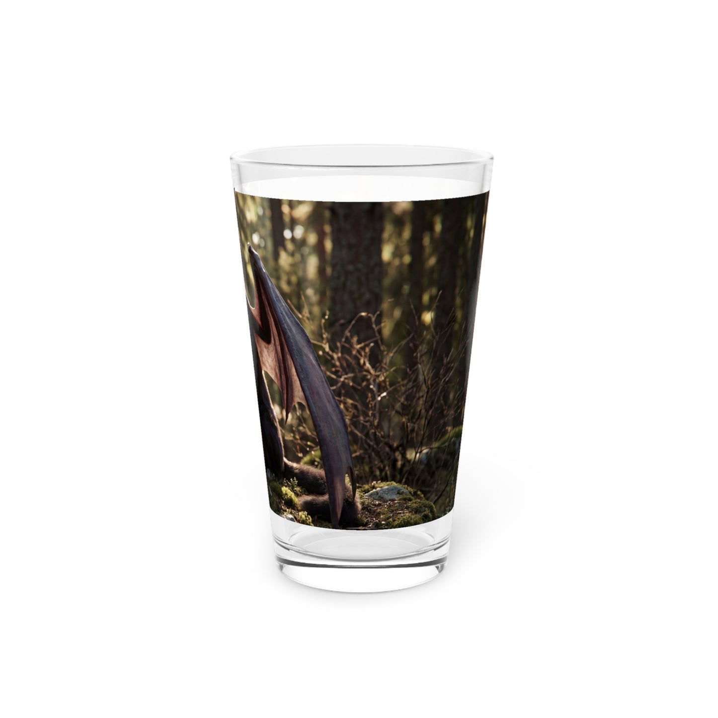 Dragon Wolf in Sunlit Grove Pint Glass – Guardian of the Mossy Stones