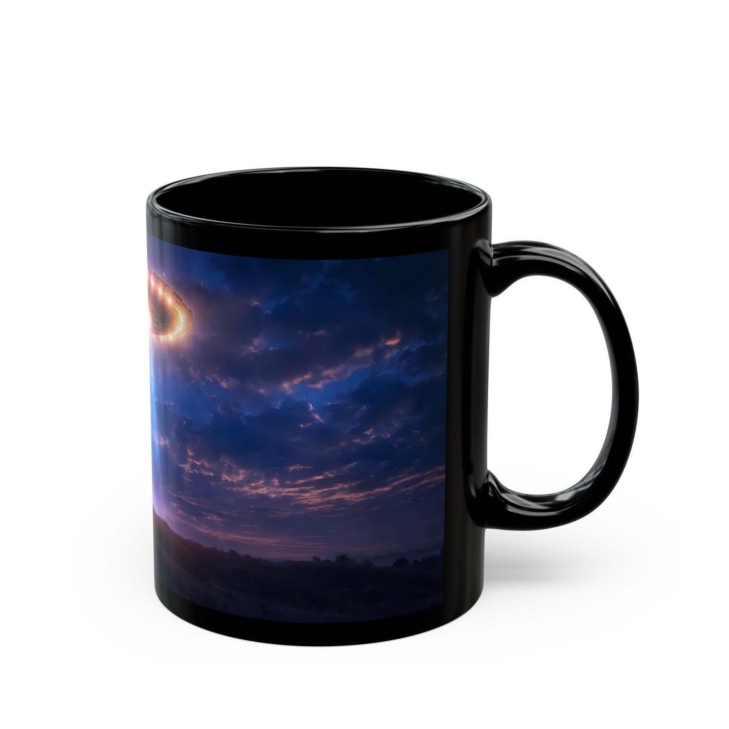 UFO Encounter Black Mug – Celestial Beam & Silhouette Nightscape