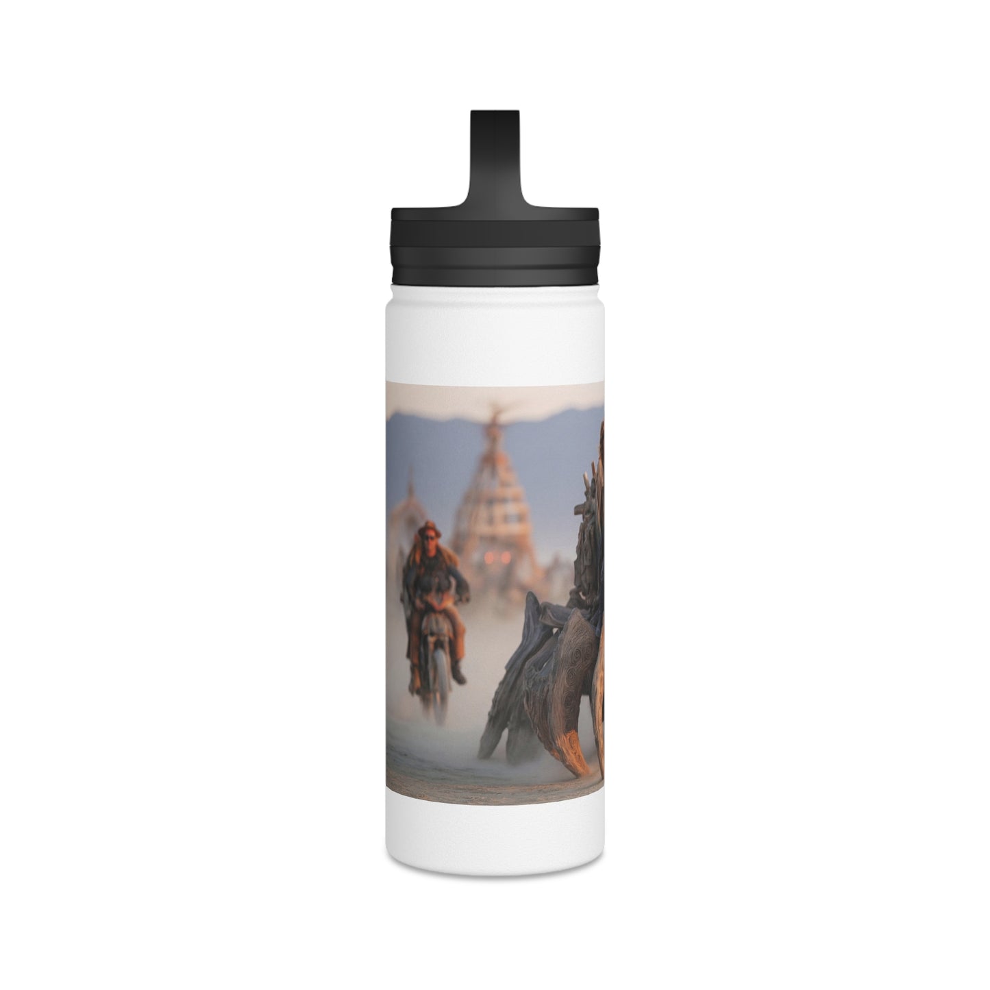 Desert Nomad Chariot Water Bottle – Handle Lid – Dust-Swirled Sunset Ride