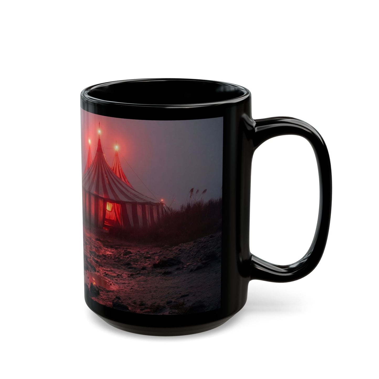 Crimson Carnival Tent Black Mug – Foggy Shoreside Spectacle