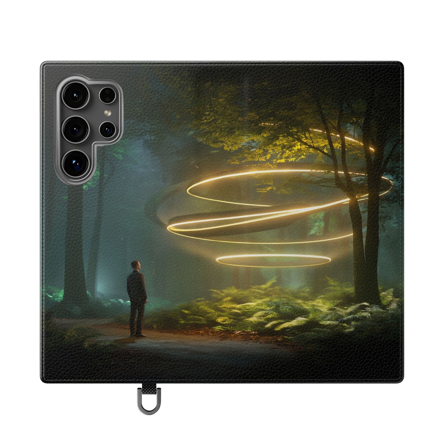 Luminous Spiral Forest Flip Cases – Golden Light Rings Mystery Scene