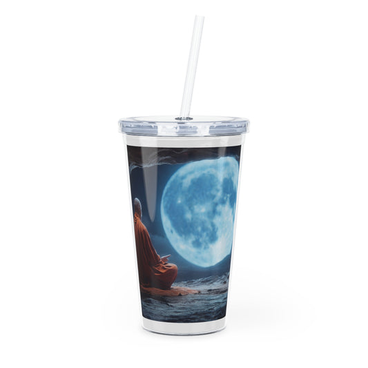 Moonlit Monk Meditation Tumbler with Straw – Serene Cave Sanctuary