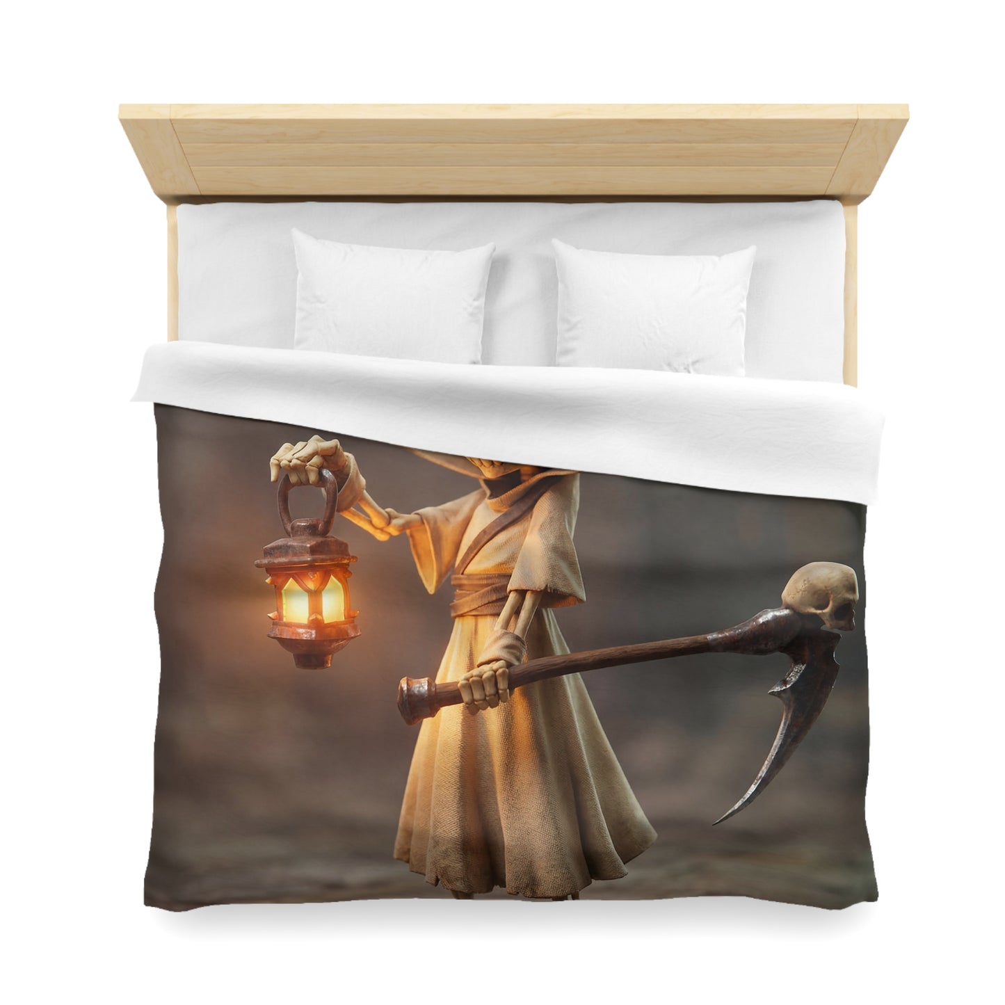 Lantern-Bearing Reaper Microfiber Duvet Cover – Warm Glow Through Twilight Shadows