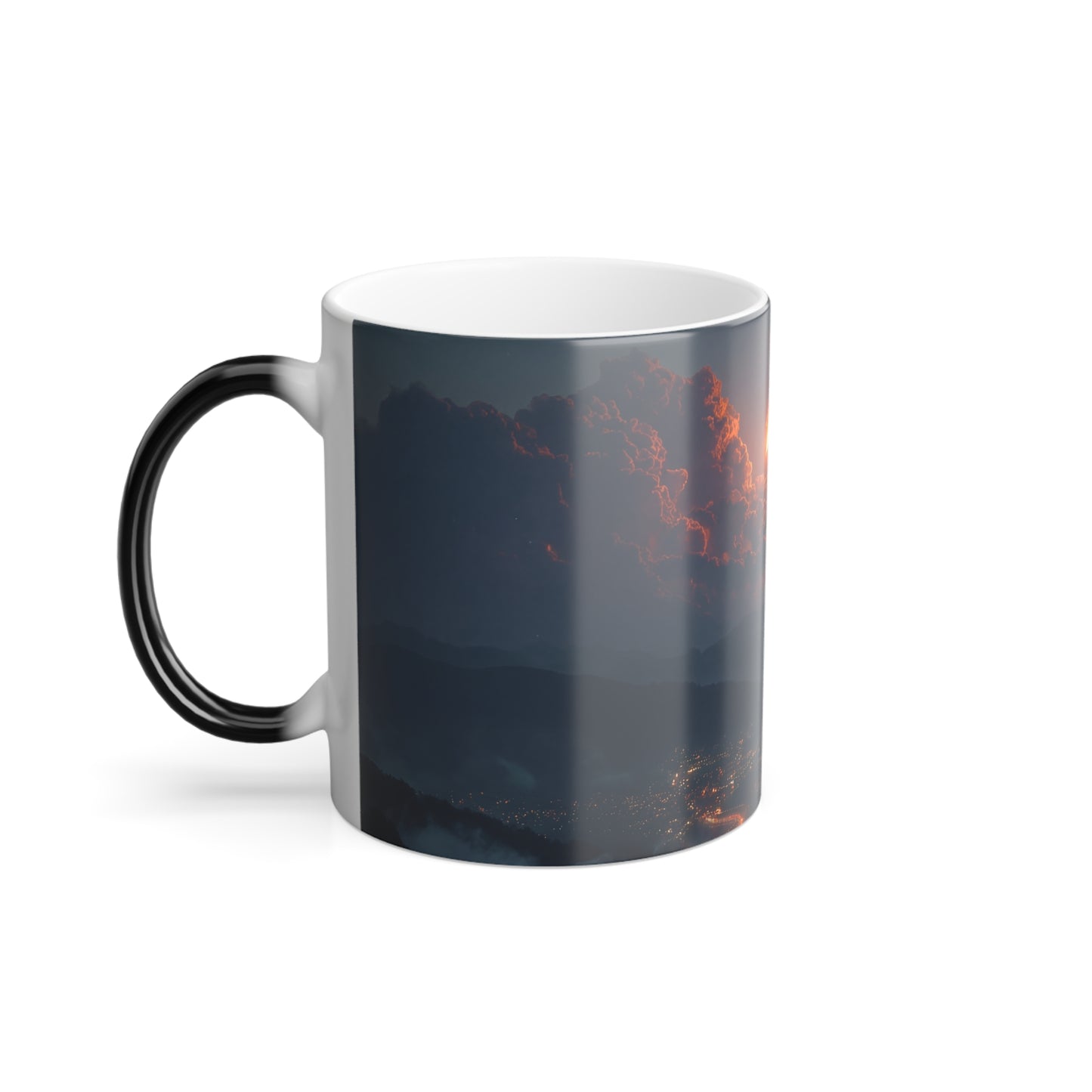 Burning Meteor Over Mountain Cityscape – Color Morphing Mug, 11oz – Dawn’s Firefall