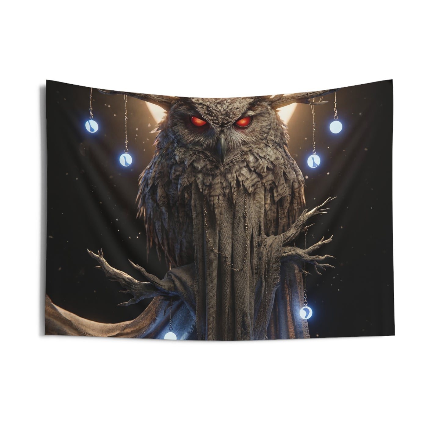 Moonlit Owl Sentinel Indoor Wall Tapestries – Crimson-Eyed Watcher Beneath the Full Moon