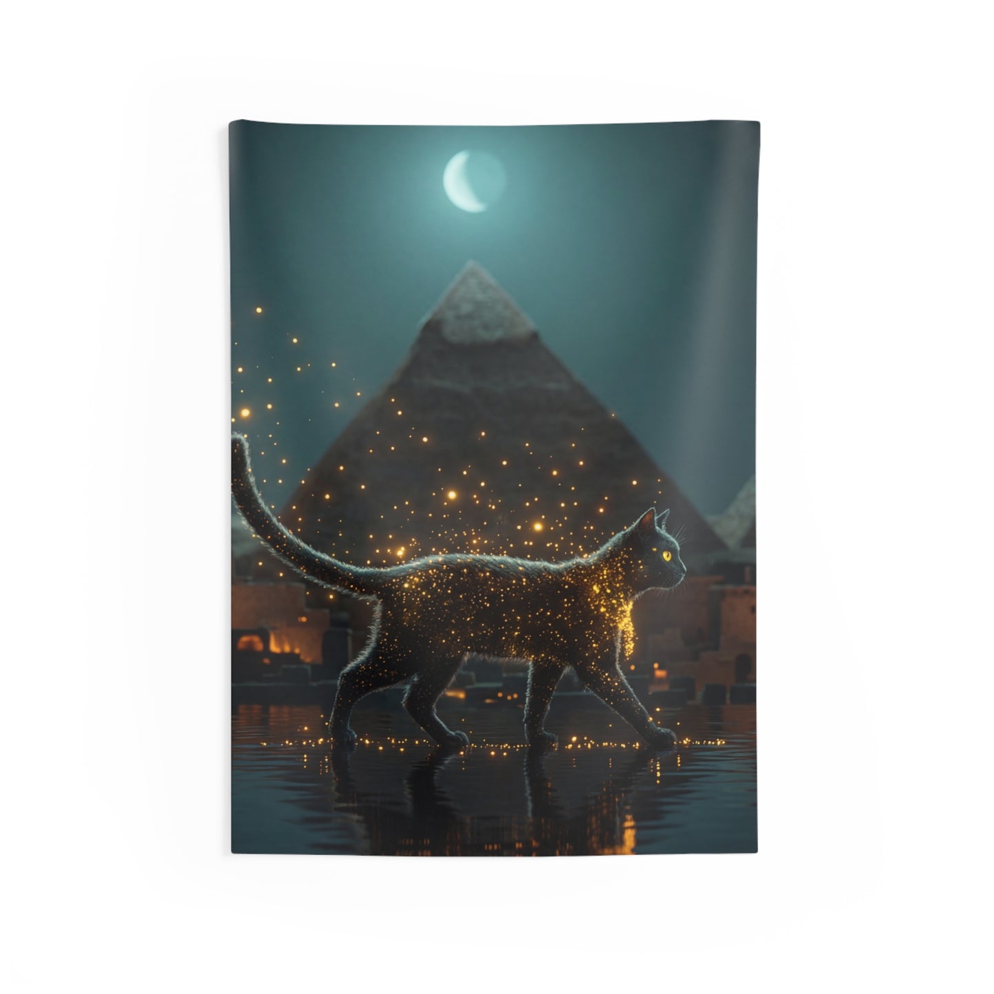 Starlit Cat by Pyramids Indoor Wall Tapestries – Midnight Magic in the Nile