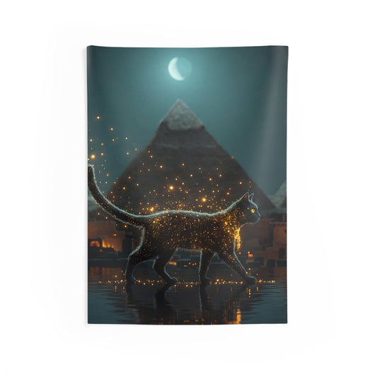Starlit Cat by Pyramids Indoor Wall Tapestries – Midnight Magic in the Nile