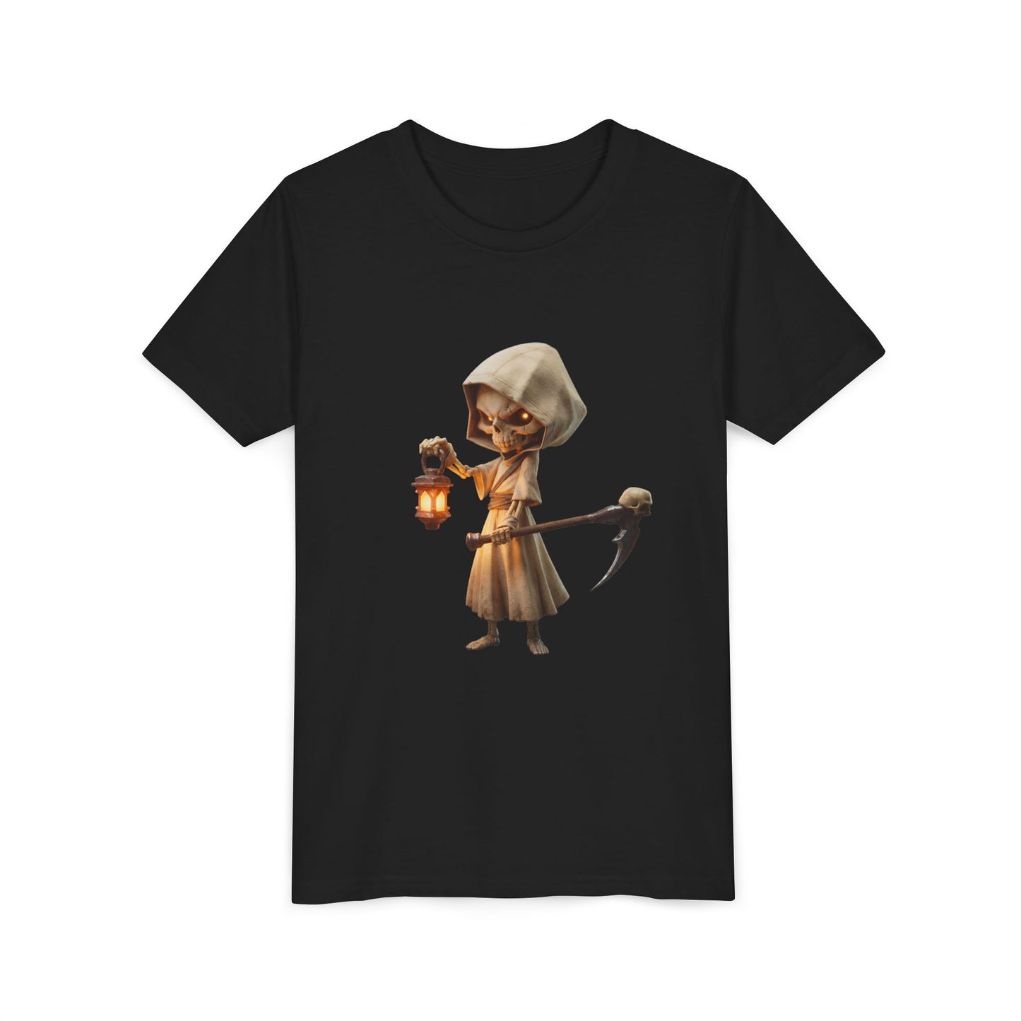 Lantern-Bearing Skeleton Youth Short Sleeve Tee – Hooded Reaper with Scythe