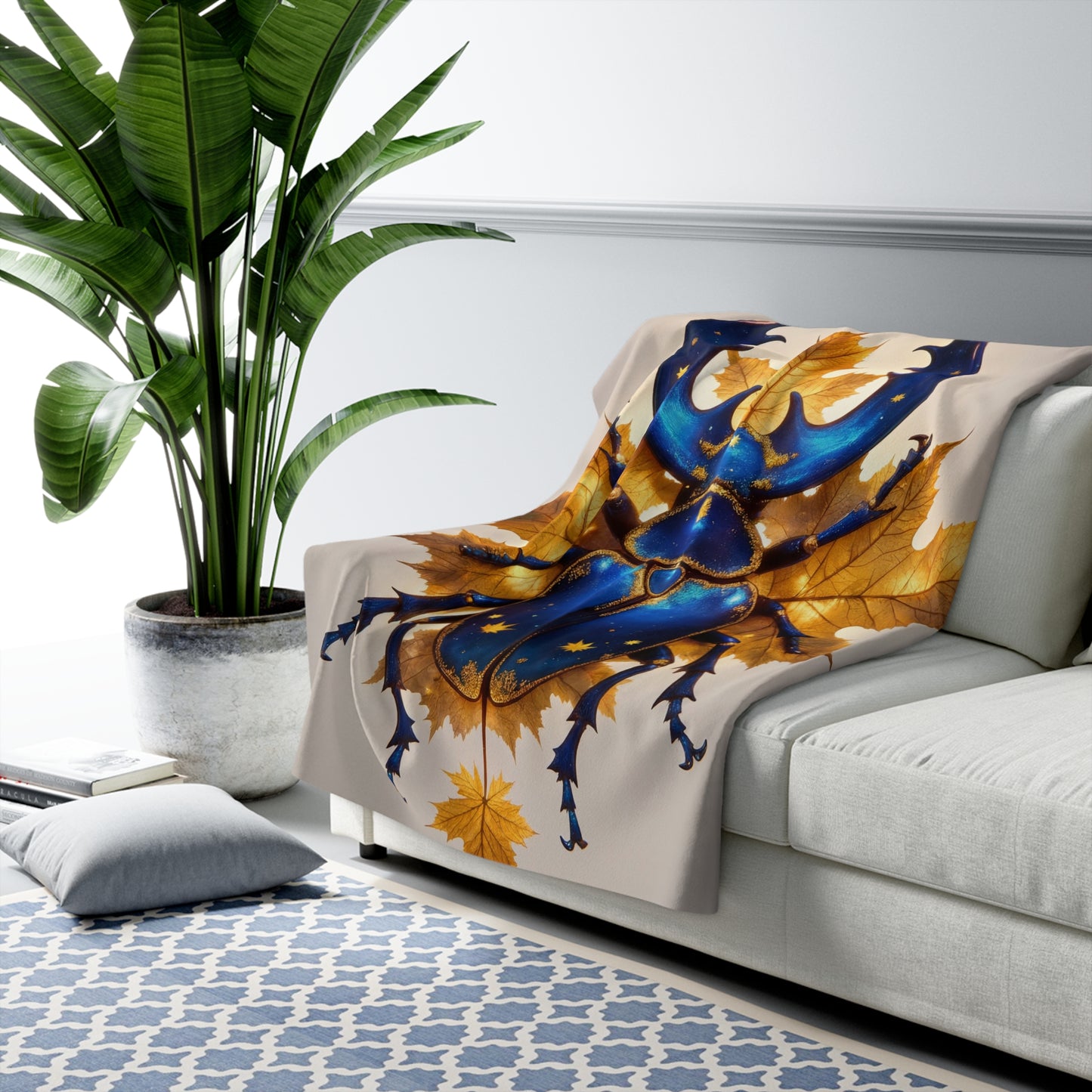 Moonhorn Beetle Sherpa Fleece Blanket – Indigo Starlight Autumn Guardian