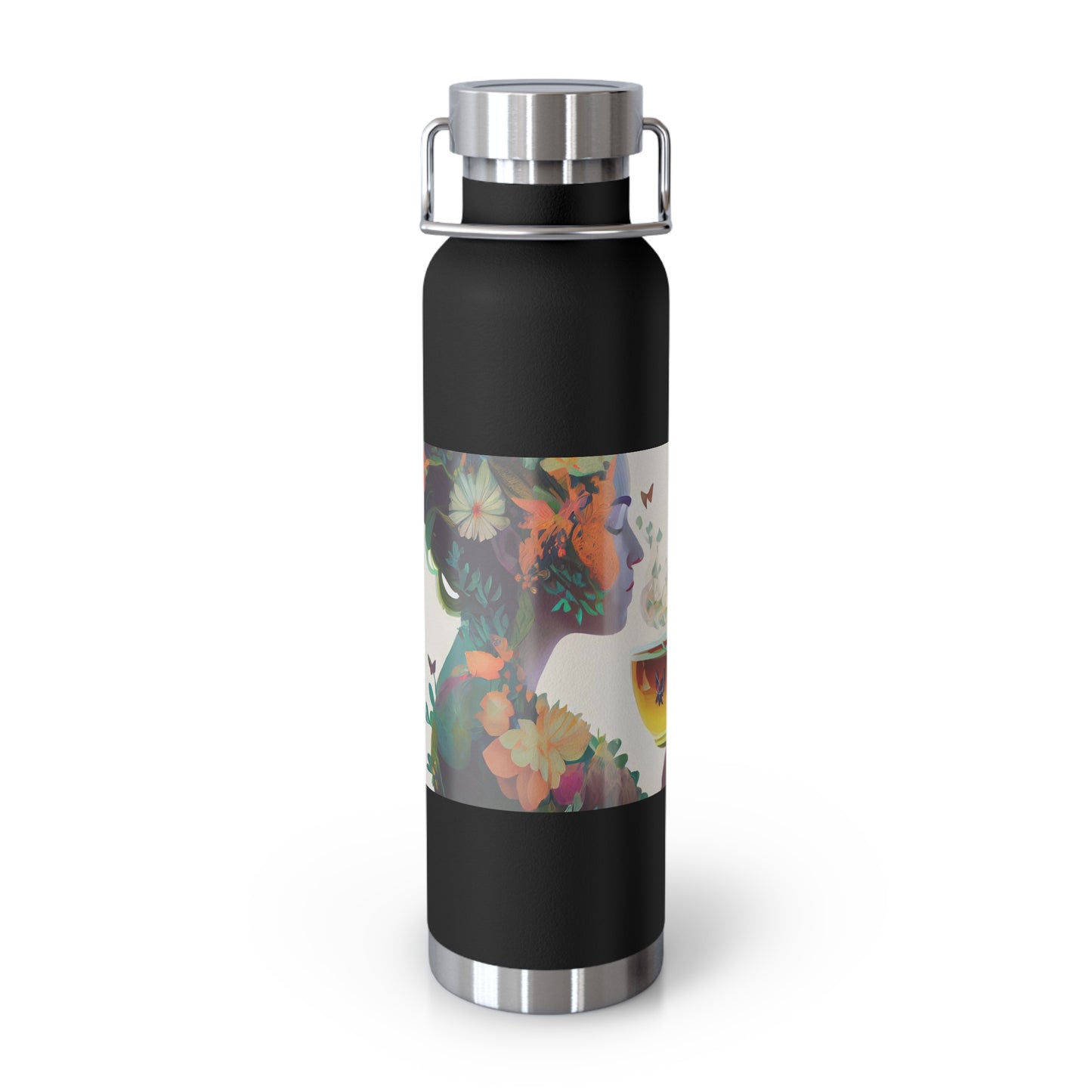 character design, double exposure shot, front profile of a beautiful tea faerie filled with a blooming amazonian jungle, happiness - Copper Vacuum Insulated Bottle, 22oz