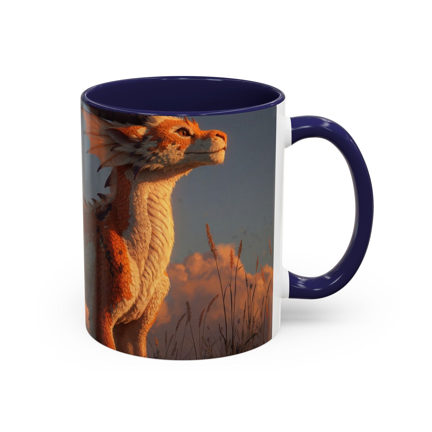 Sunset Dragon Accent Coffee Mug (11, 15oz) – Warm Ember Guardian in Golden Grasses