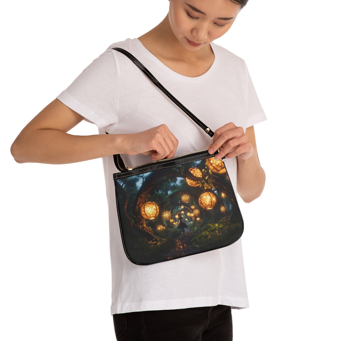 Luminous Lantern Grove Shoulder Bag – Whispering Pathway Through Ancient Trees