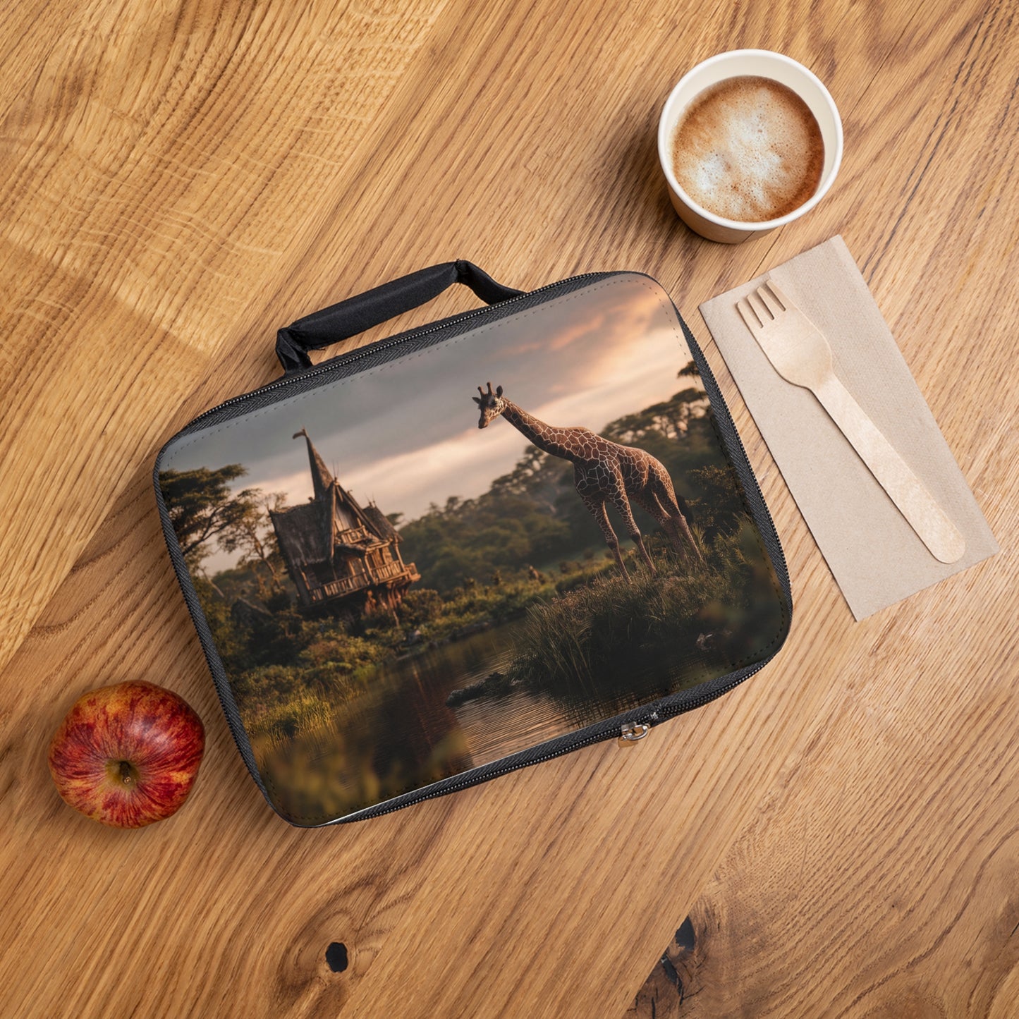 Giraffe by the Waterfall House Lunch Bag – Sunset Sanctuary Scene