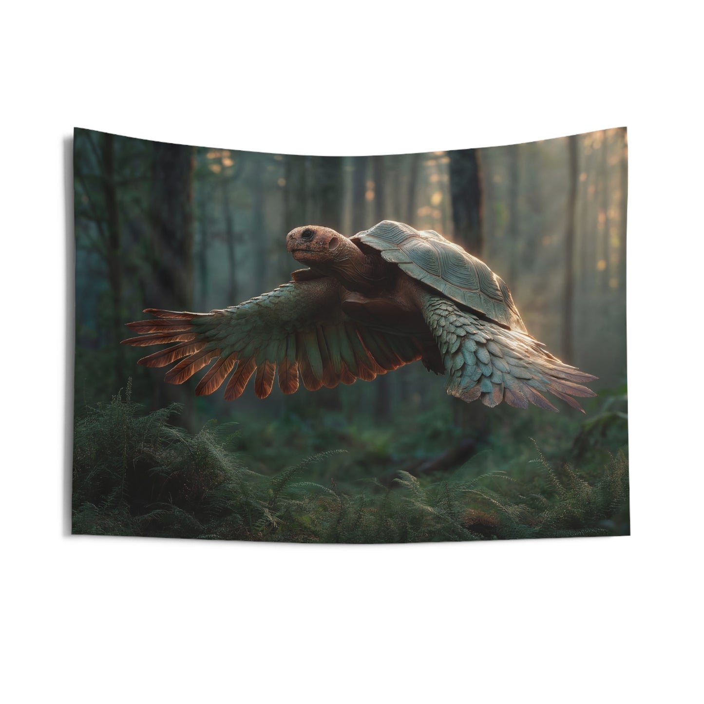 Winged Tortoise Forest Tapestries – Sunlit Flight Through Ancient Canopy