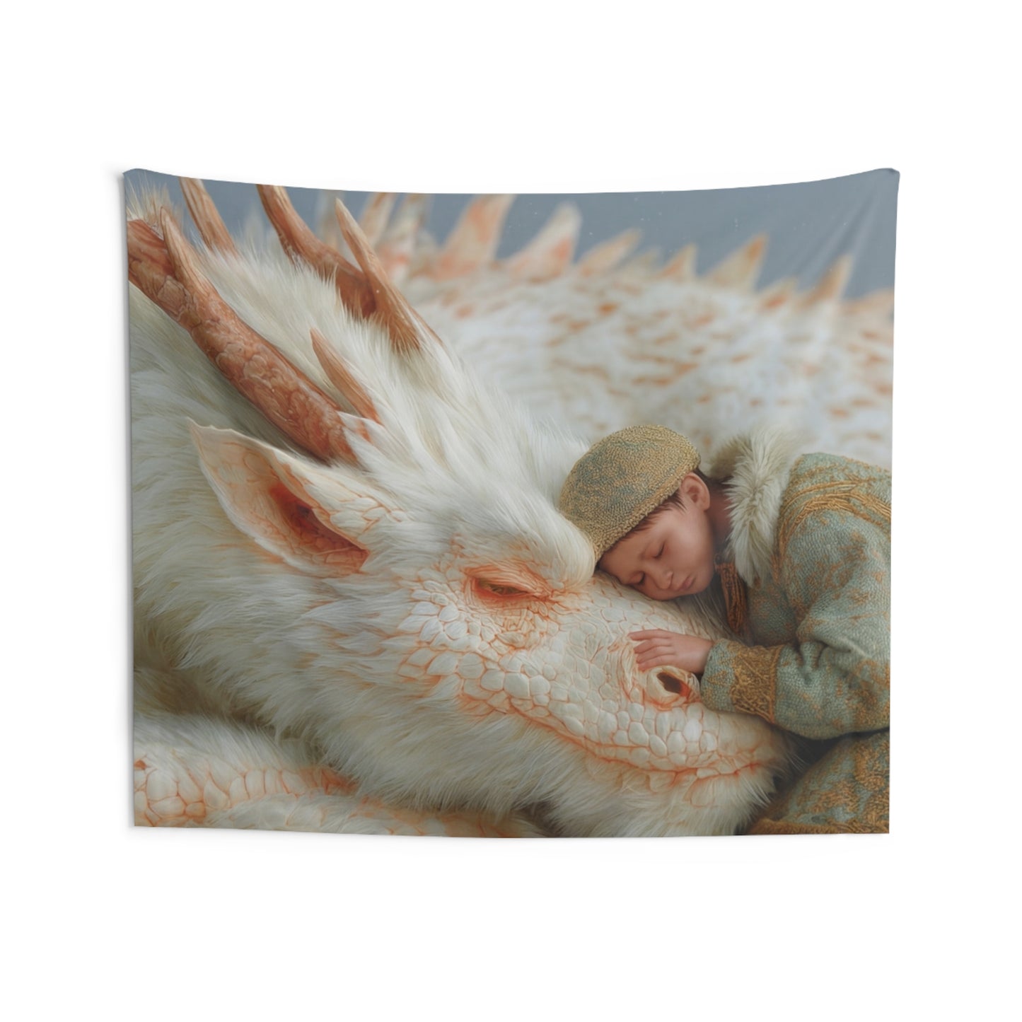 Child and White Dragon Indoor Wall Tapestries – Snowbound Serenity Dreamscape