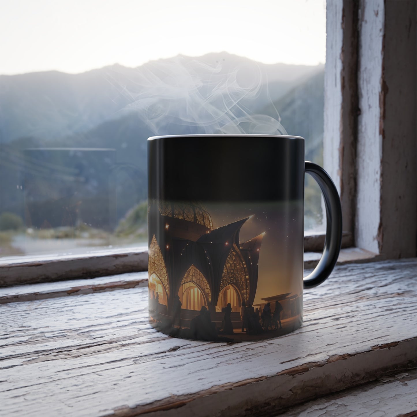 A celestial observatory materializing in the heart of the Burning Man festival, its intricate architecture inspiring awe and wonder. - Color Morphing Mug, 11oz