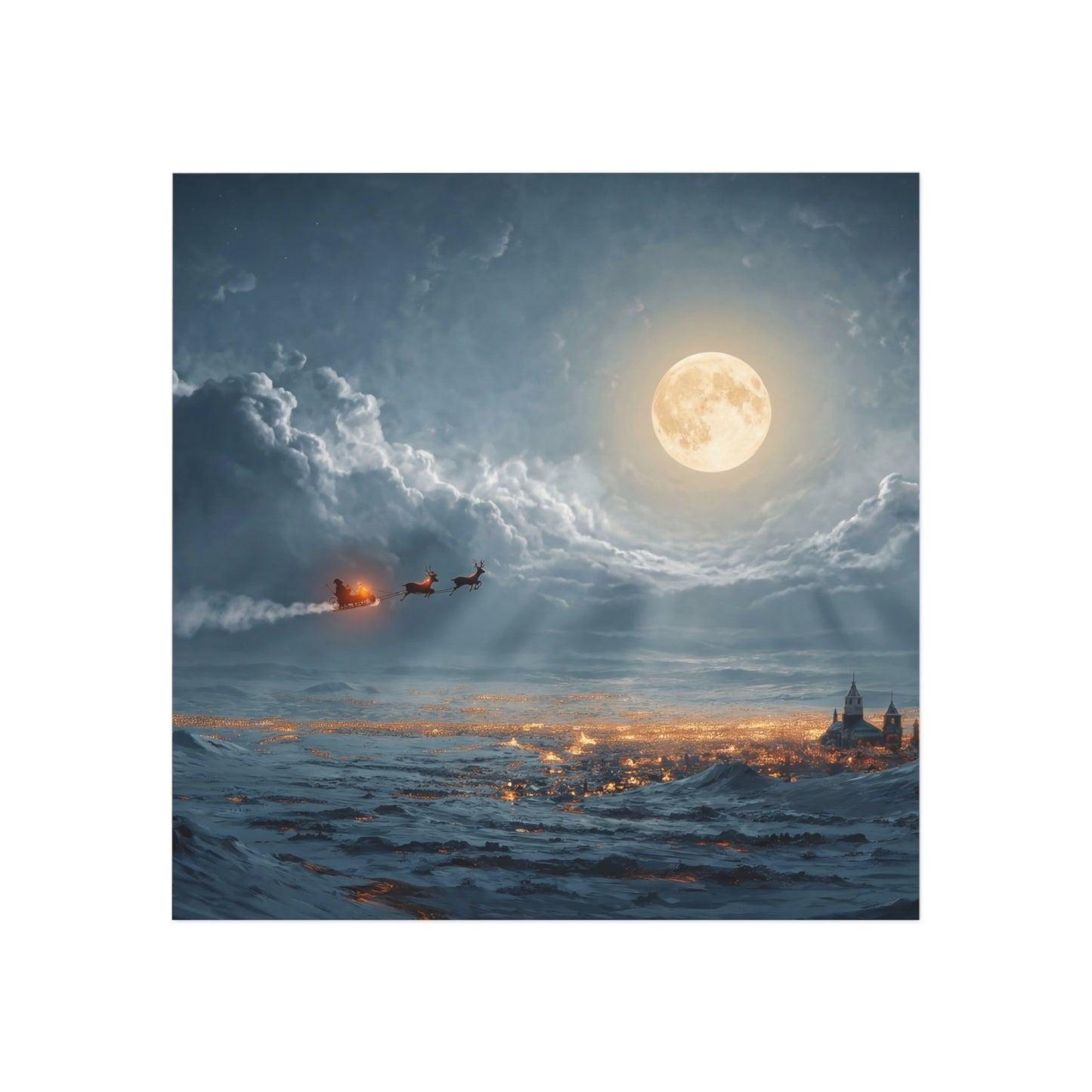 Lunar Sleigh Ride Square Magnet – Midnight Frost Over Snow-Covered Town
