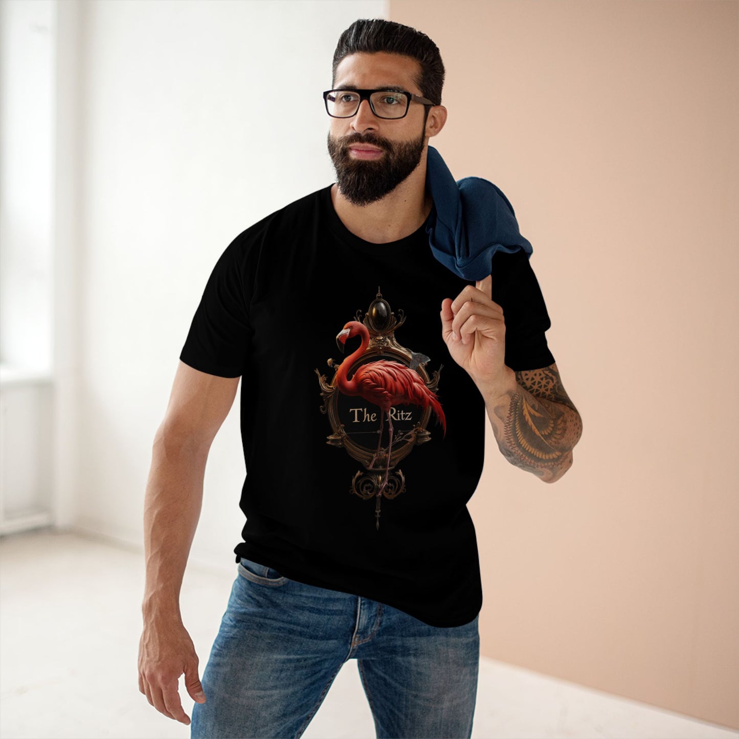 Crimson Flamingo The Ritz Tee – Ornate Gold Crest & Elegant Bird Art