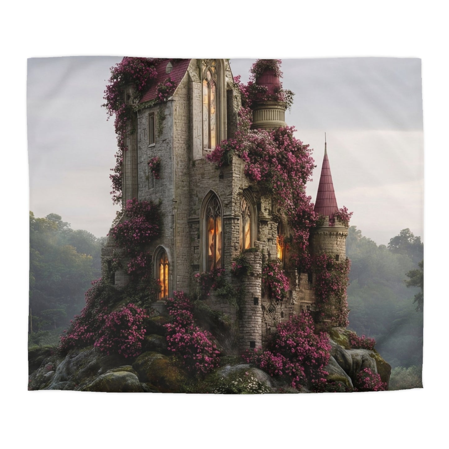 Rose-Covered Castle Microfiber Duvet Cover – Whispers of the Misty Vale