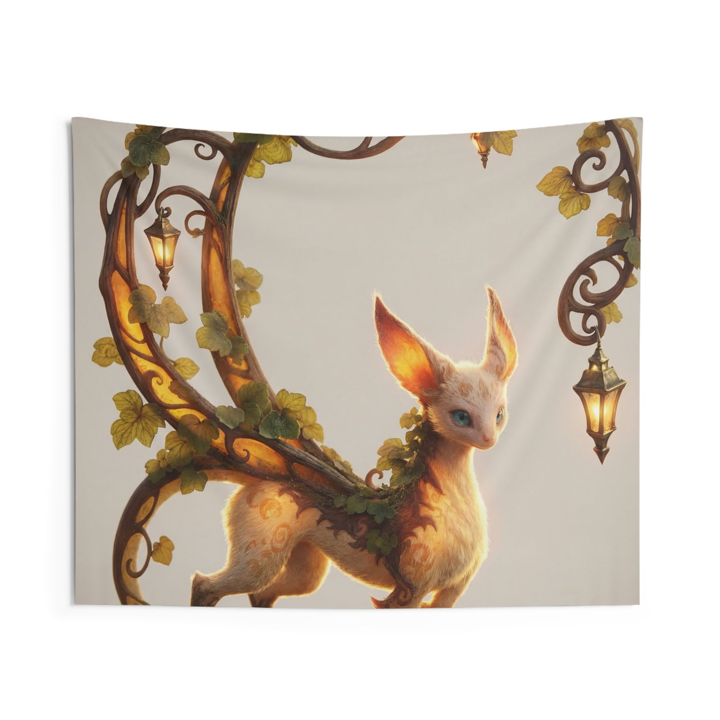 Moonlit Fox Sentinel Indoor Wall Tapestries – Whimsical Lantern Archway Guardian