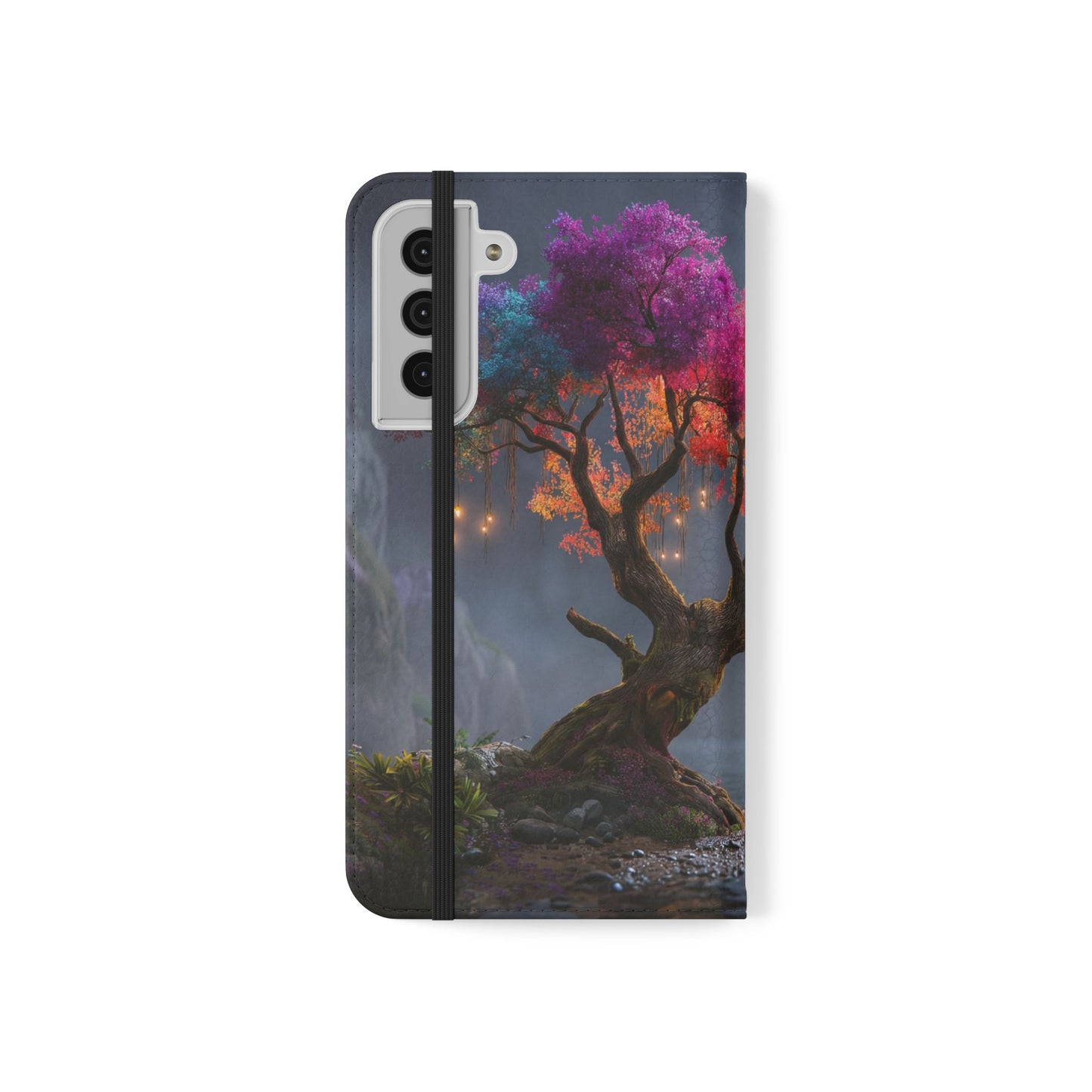 Chromatic Canopy Flip Cases – Rainbow Tree Moonlit Waterfall Scene