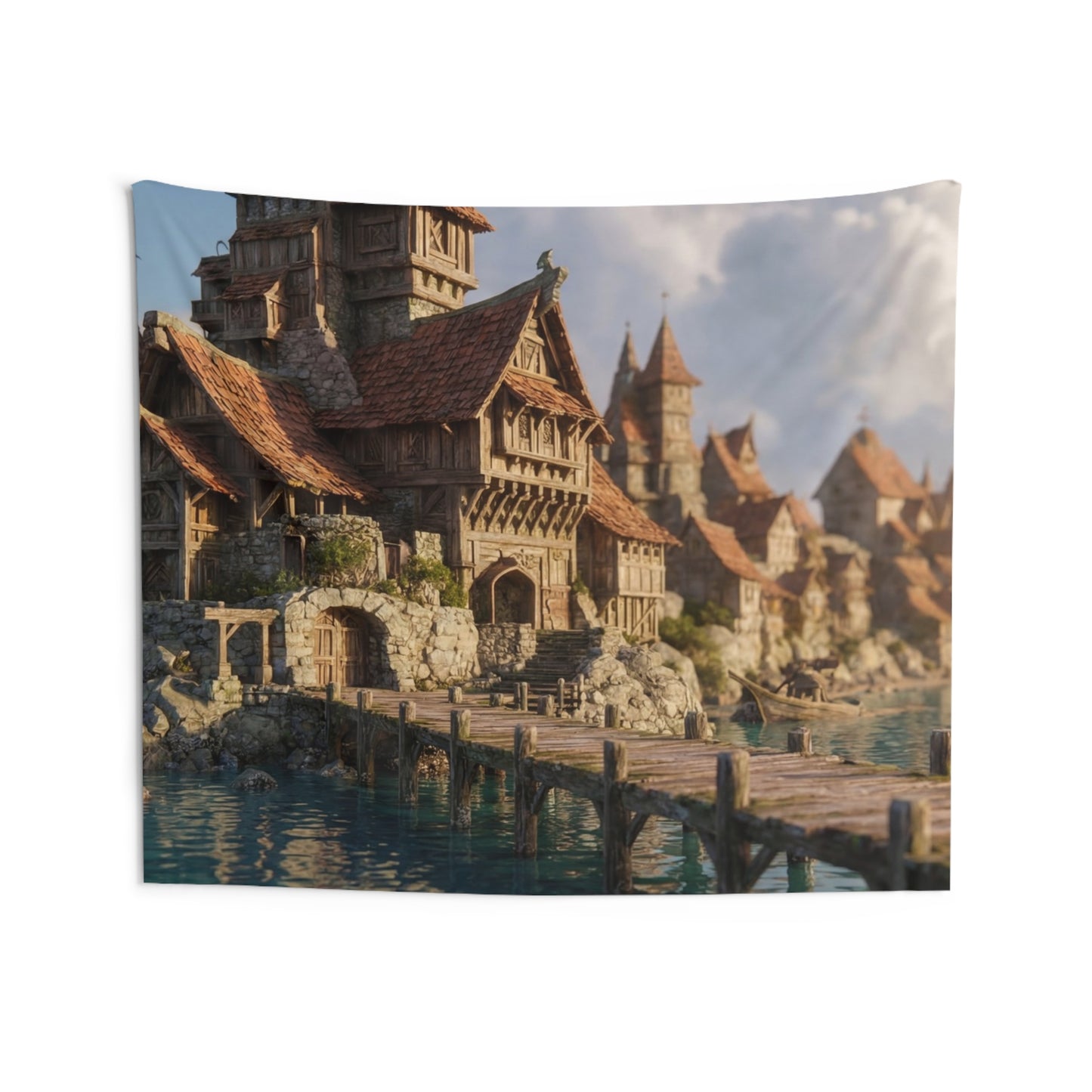 Coastal Viking Village Wall Tapestry – Sunlit Harbor Whispers