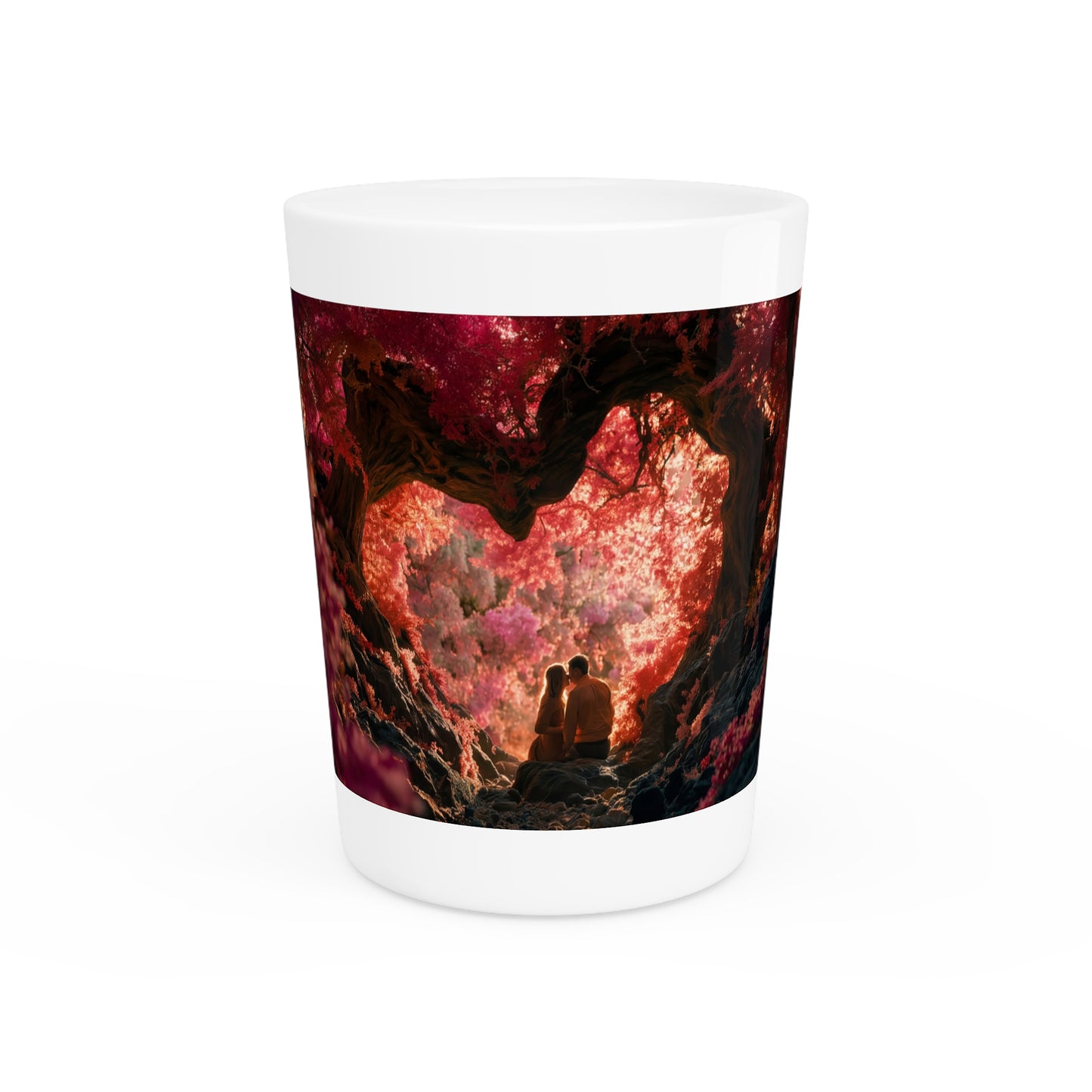 Twilight Grove Shot Glass – Heart-Shaped Canopy Romance Scene
