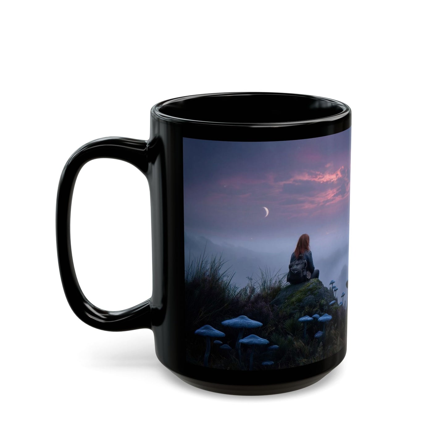 Solitary Sentinel Mug – Twilight Over Cityscape with Moon and Mushrooms