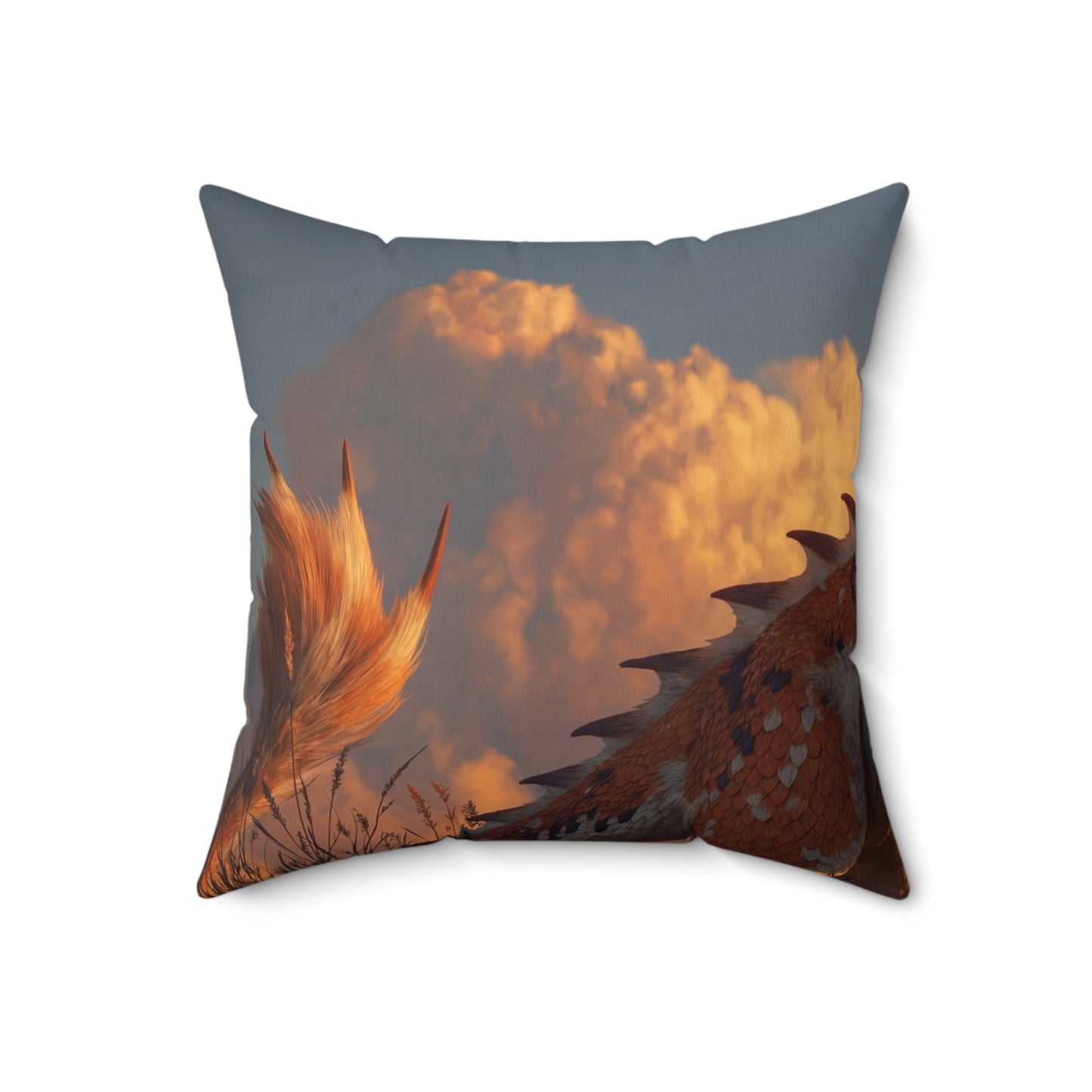 Sunset Sentinel Dragon Spun Polyester Square Pillow – Warm Amber Glow in Wild Grasses