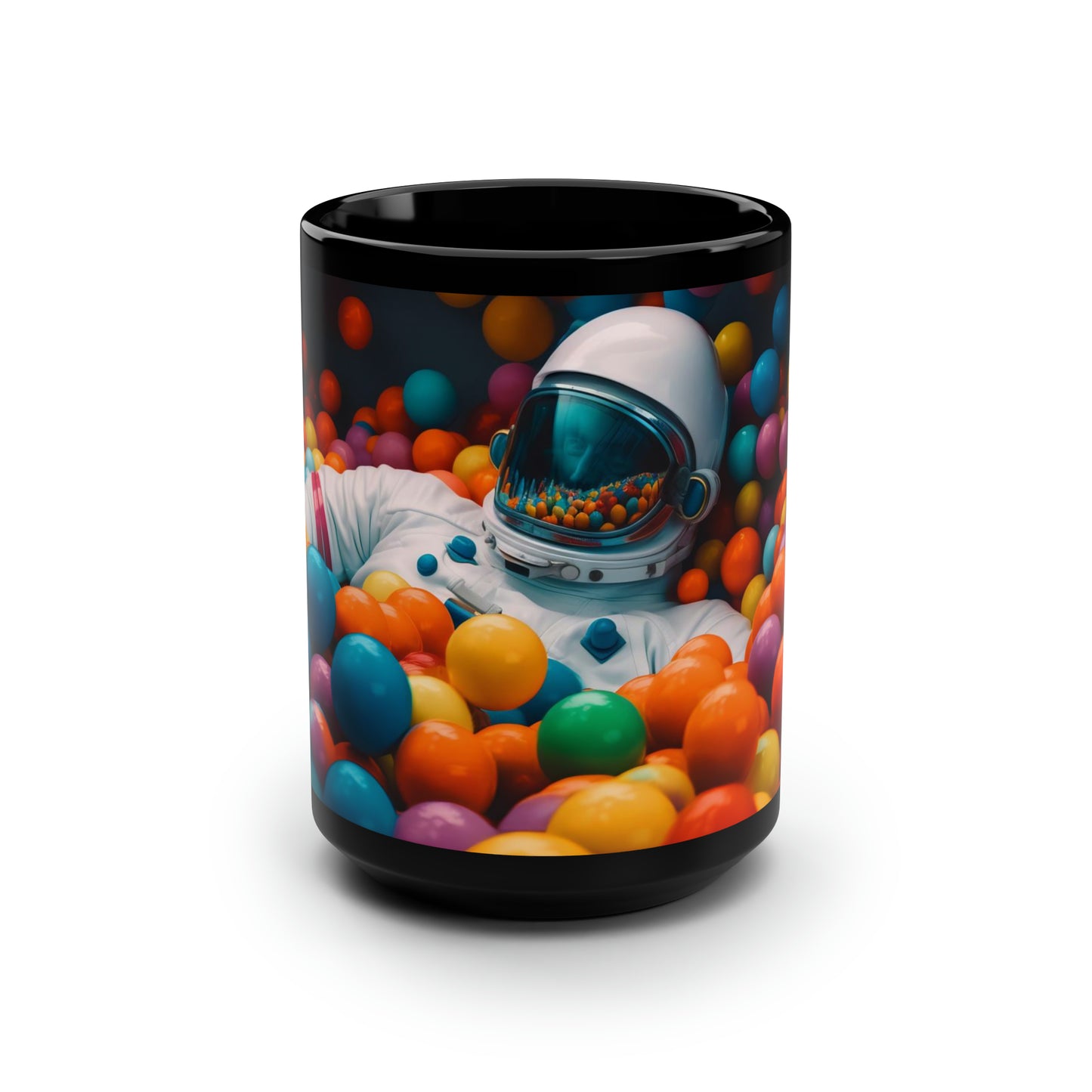 a realistic of photography astronaut lying in colourful balls pool - Mug, Black