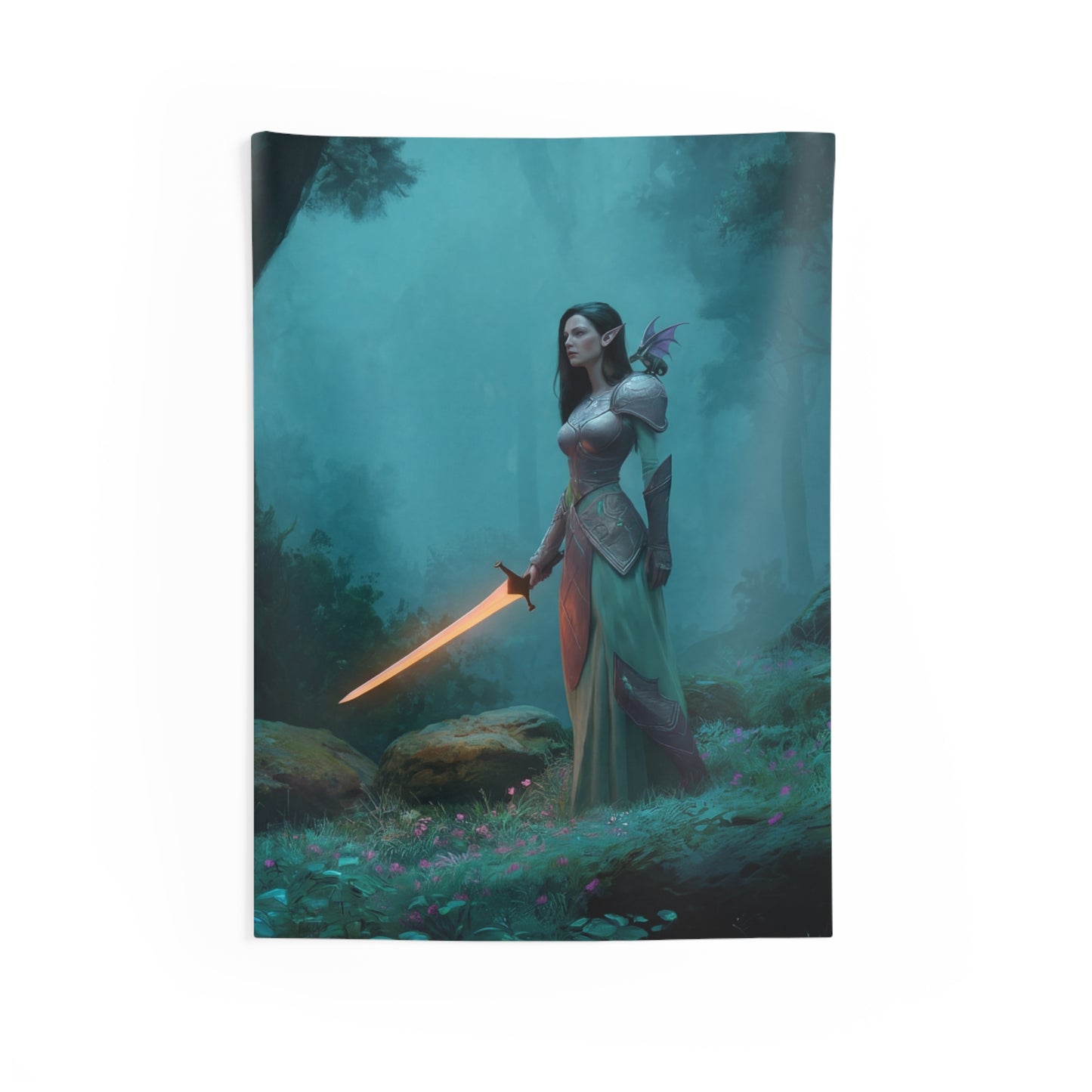 Elven Sentinel Indoor Wall Tapestries – Sword Lit by Twilight Moss