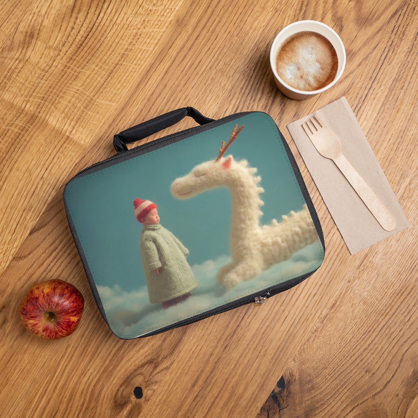 Knitted Dragon & Child Lunch Bag – Whimsical Cloudside Companion