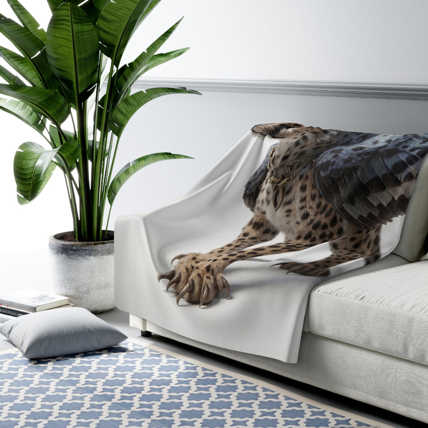 Winged Cheetah Sherpa Fleece Blanket – Feathered Sentinel Portrait Wrap