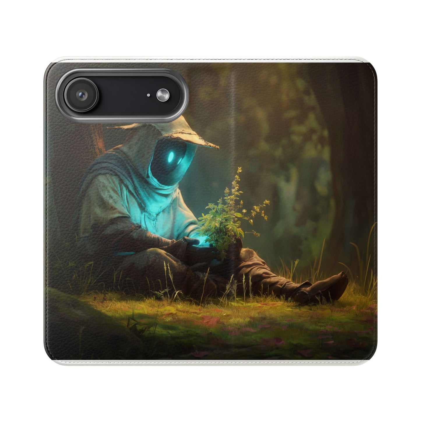 Glowing Orb Hooded Guardian Flip Cases – Bioluminescent Forest Keeper
