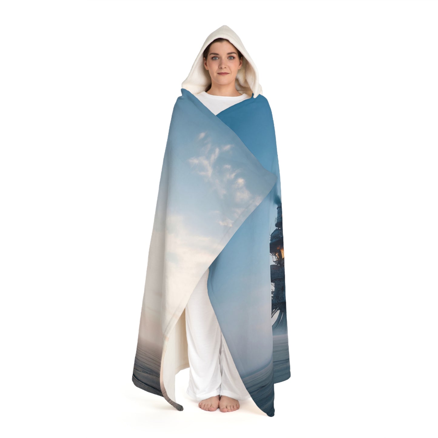 Skyward Steam Tower Hooded Sherpa Fleece Blanket – Lone Sentinel in the Dusk