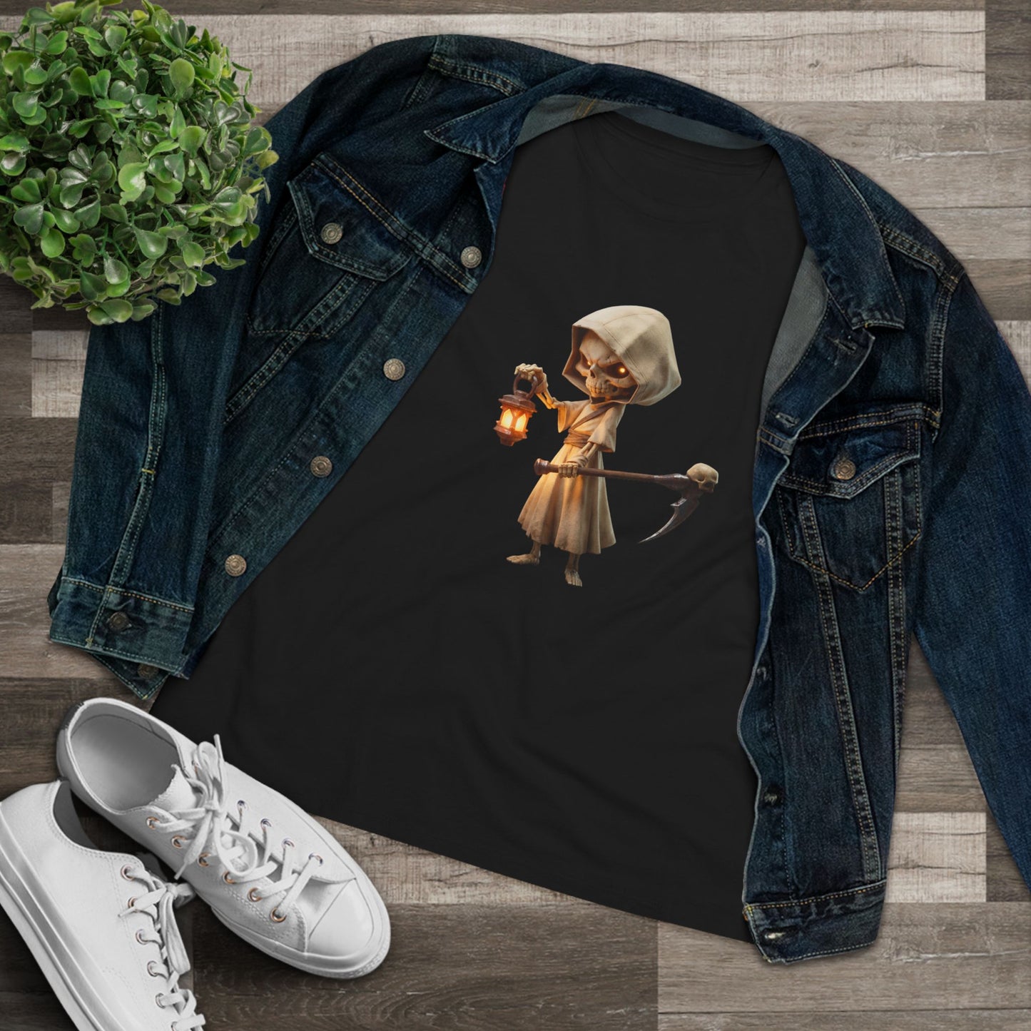 Lantern-Bearing Sentinel Women's Cotton Tee – Hooded Guardian with Scythe