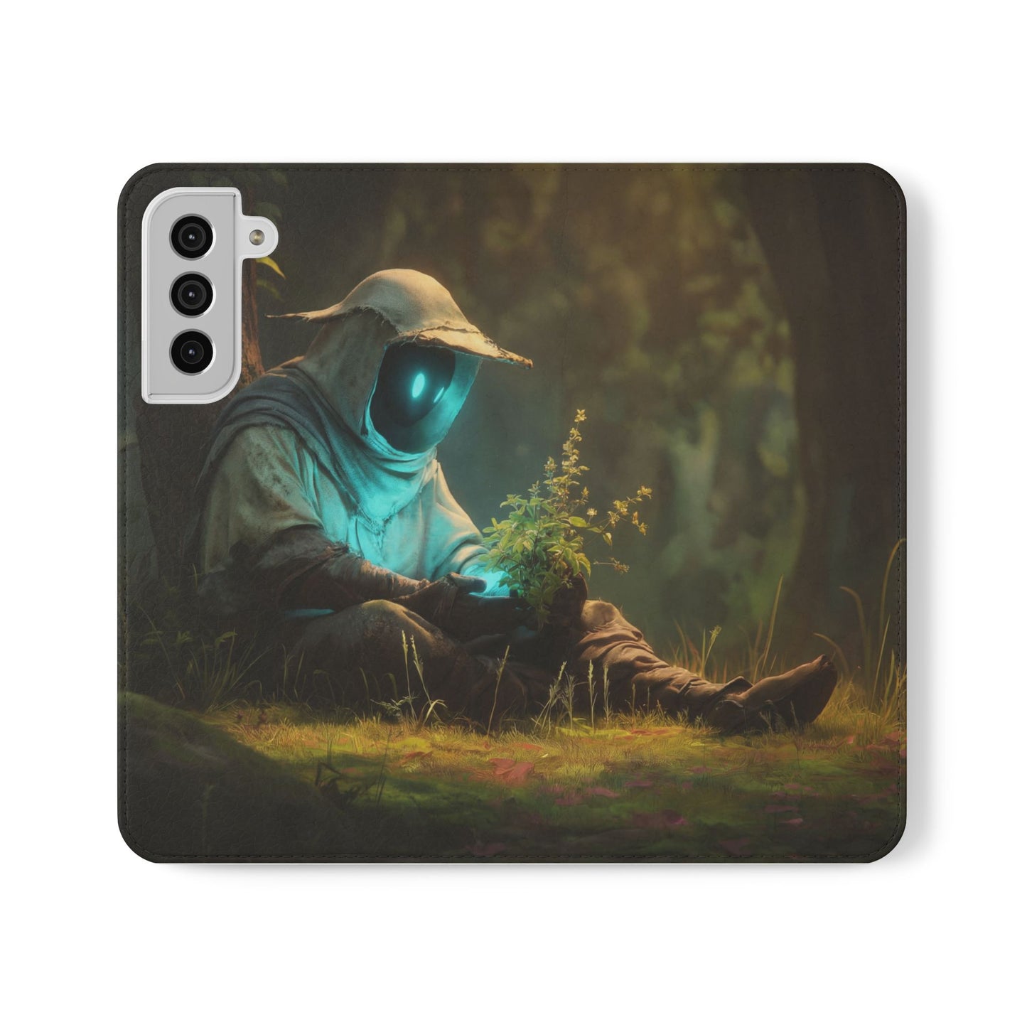 Glowing Orb Hooded Guardian Flip Cases – Bioluminescent Forest Keeper