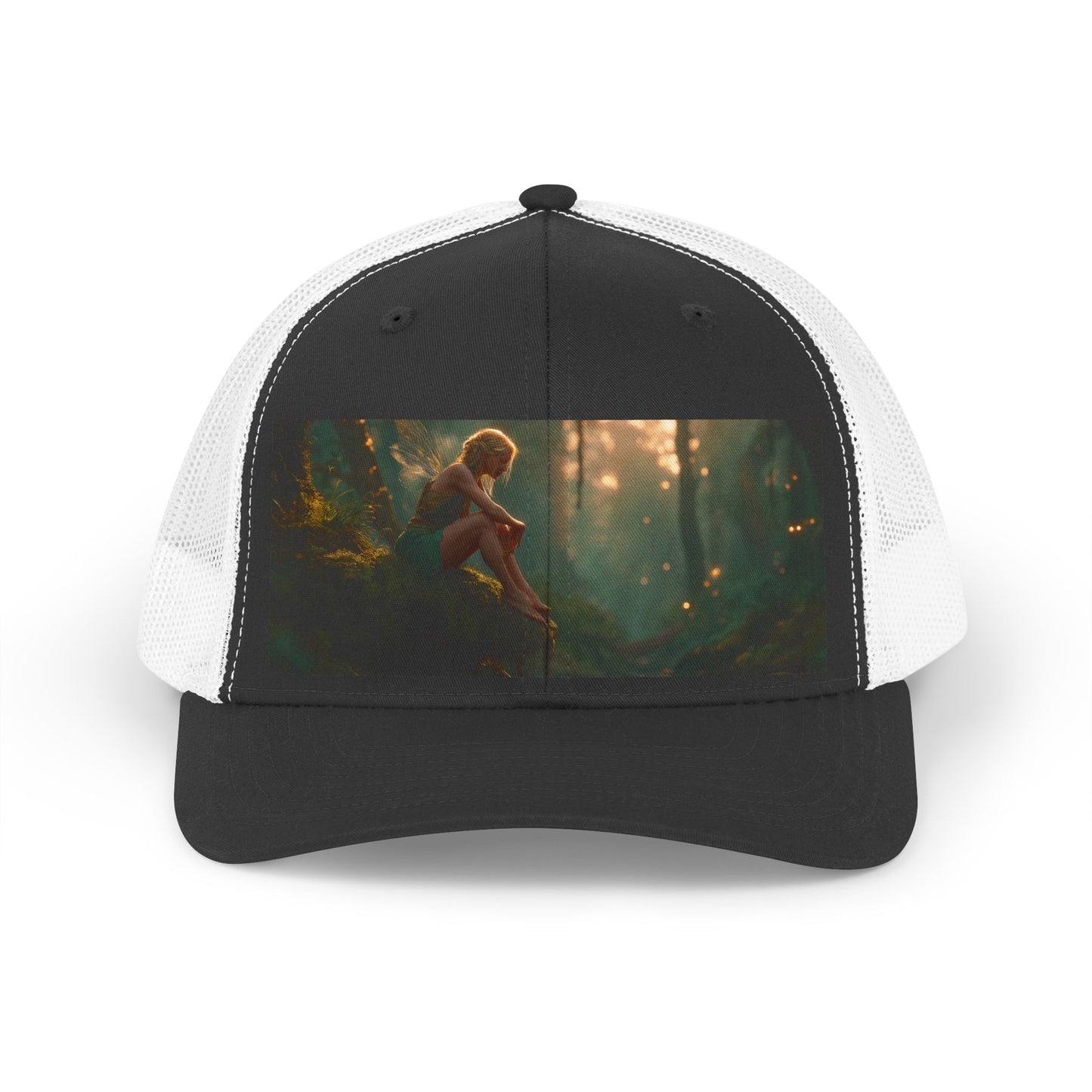 Mossy Bank Fairy Trucker Retro Hat – Golden Twilight Forest Guardian
