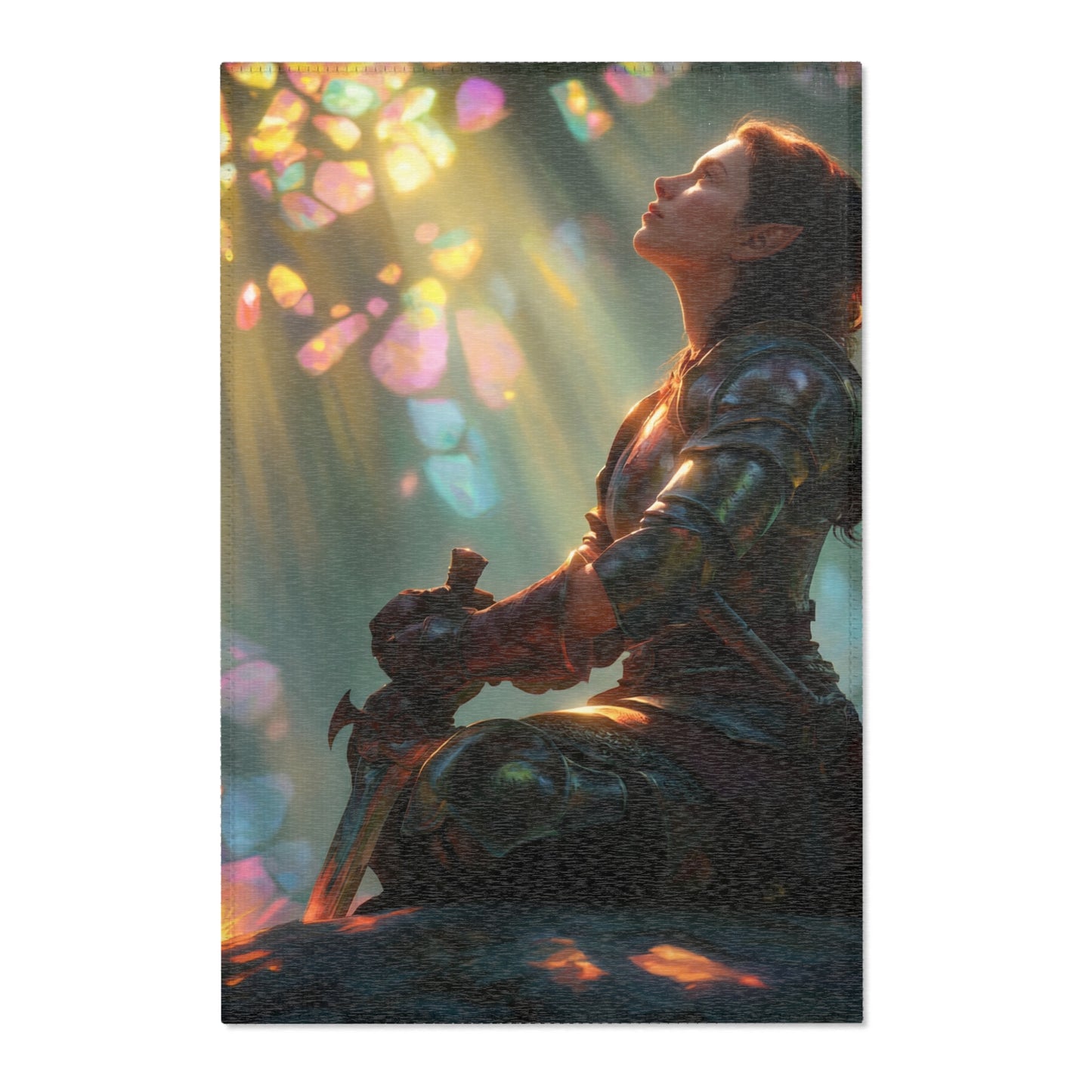 Elf Knight and Dragon Companion Area Rug – Sunlit Crystal Grove Sanctuary