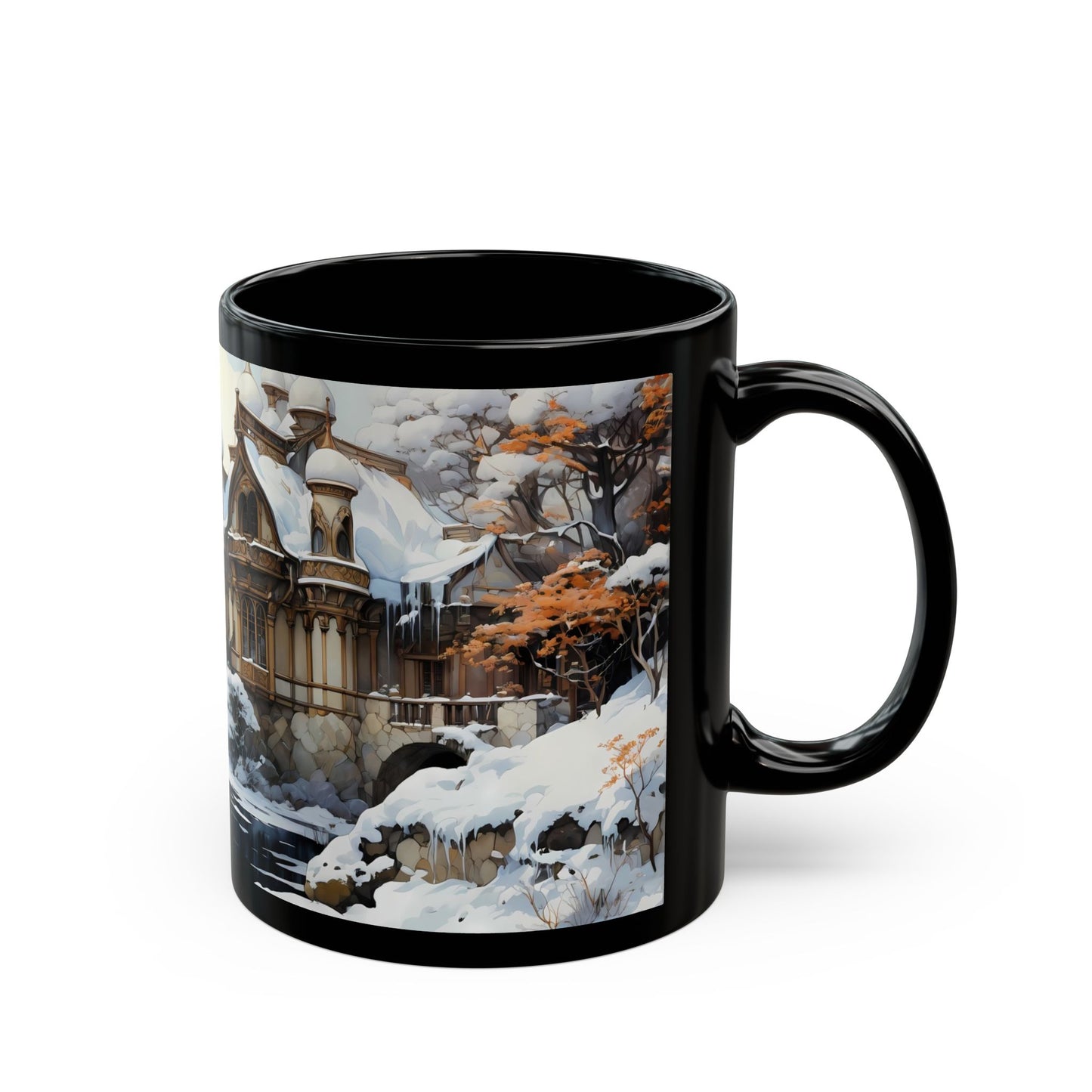 Winter Castle by the Frozen Stream Black Mug – Snow-Capped Dreamscape