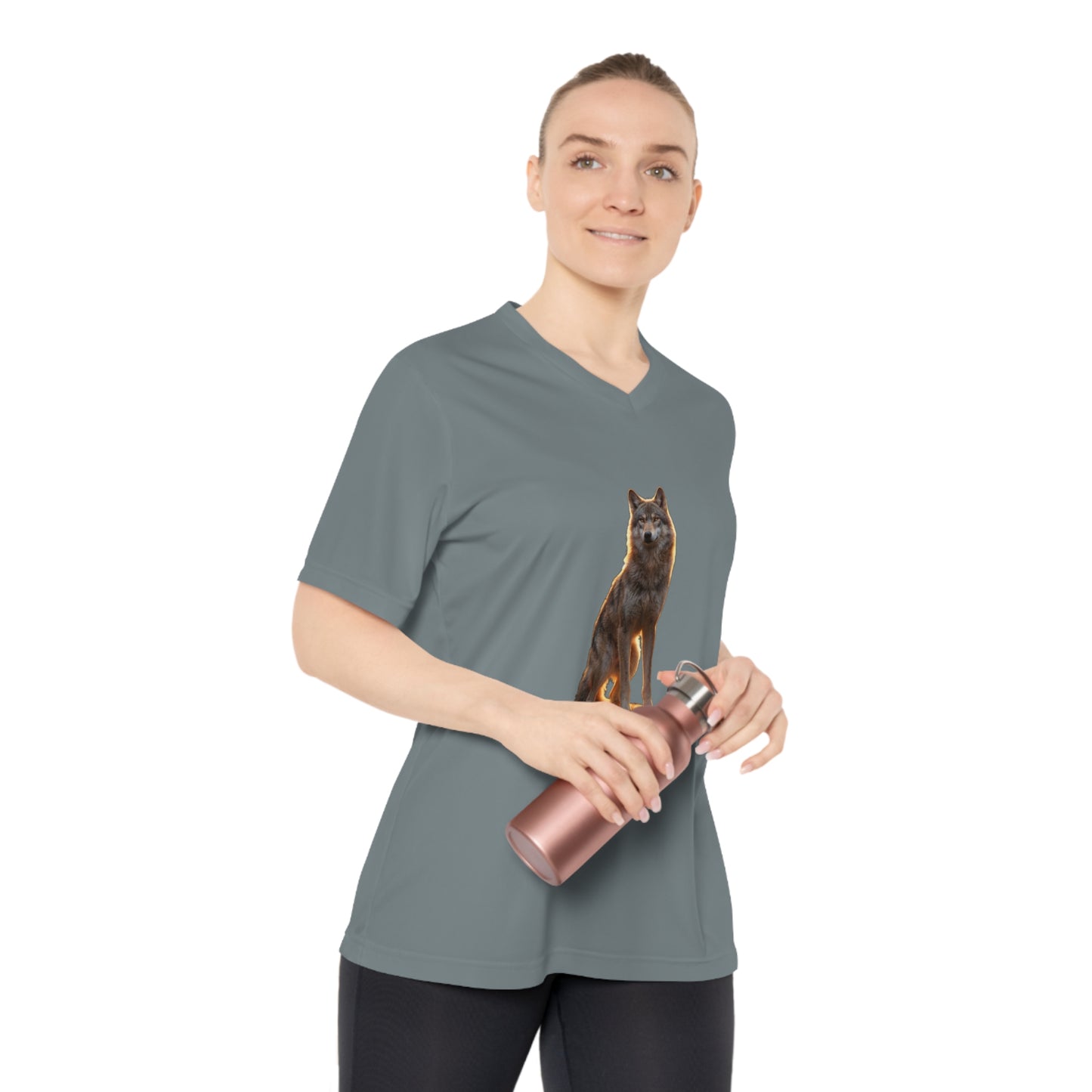 Golden Sentinel Wolf Women's Performance V-Neck T-Shirt – Amber Glow on Black