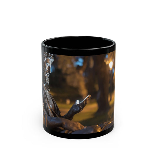 Bronze Statue with Smartphone Mug – Twilight Park Bench Digital Muse