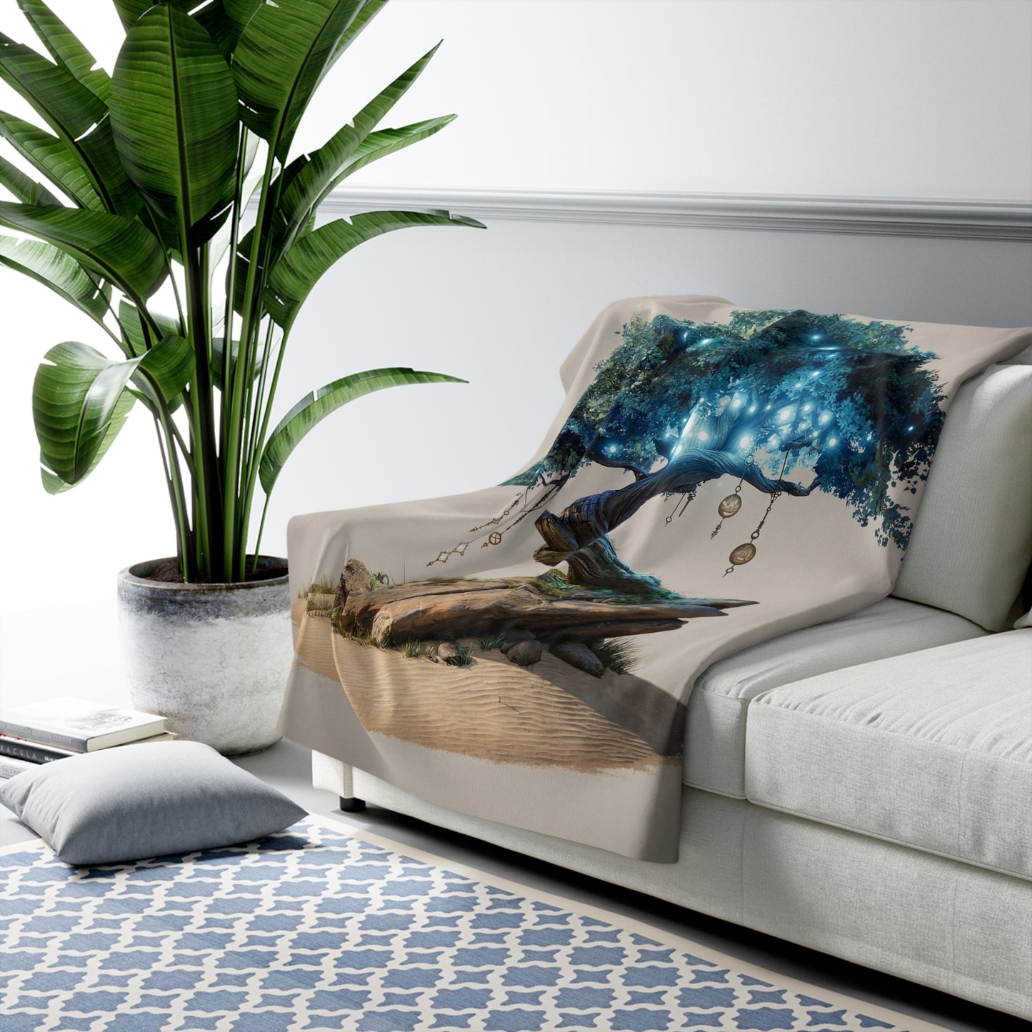 Luminous Wisdom Tree Sherpa Fleece Blanket – Celestial Glow in the Desert