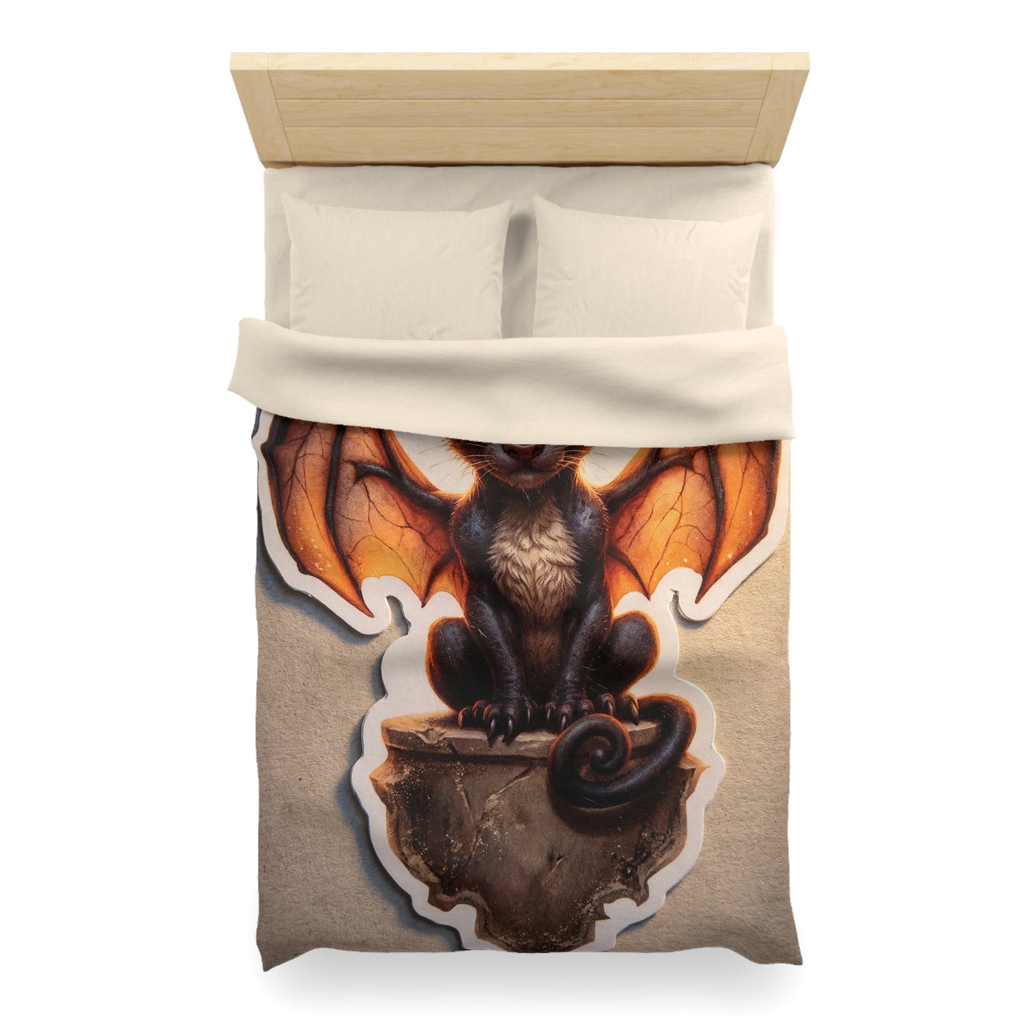 Winged Feline Guardian Microfiber Duvet Cover – Amber Glow in Midnight Stillness