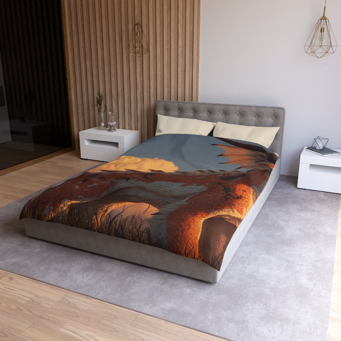 Sunset Sentinel Dragon Microfiber Duvet Cover – Warm Amber Glow in Wild Grass